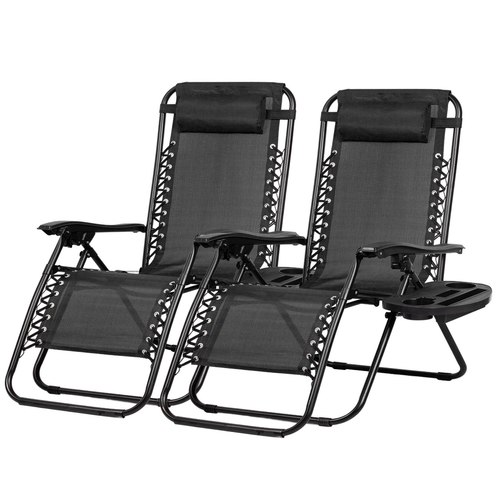 Nazhura Set Of 2 Relaxing Recliners Patio Chairs Adjustable Steel Mesh Zero Gravity Lounge Chair Beach Chairs With Pillow And Cup Holder Black