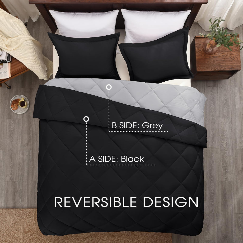 Basic Beyond Full Size Comforter Set - Black And Grey Comforter Set Full, Reversible Comforter Full Size Set, 1 Comforter (82'X92') And 2 Pillow Shams (20'X26'+2')
