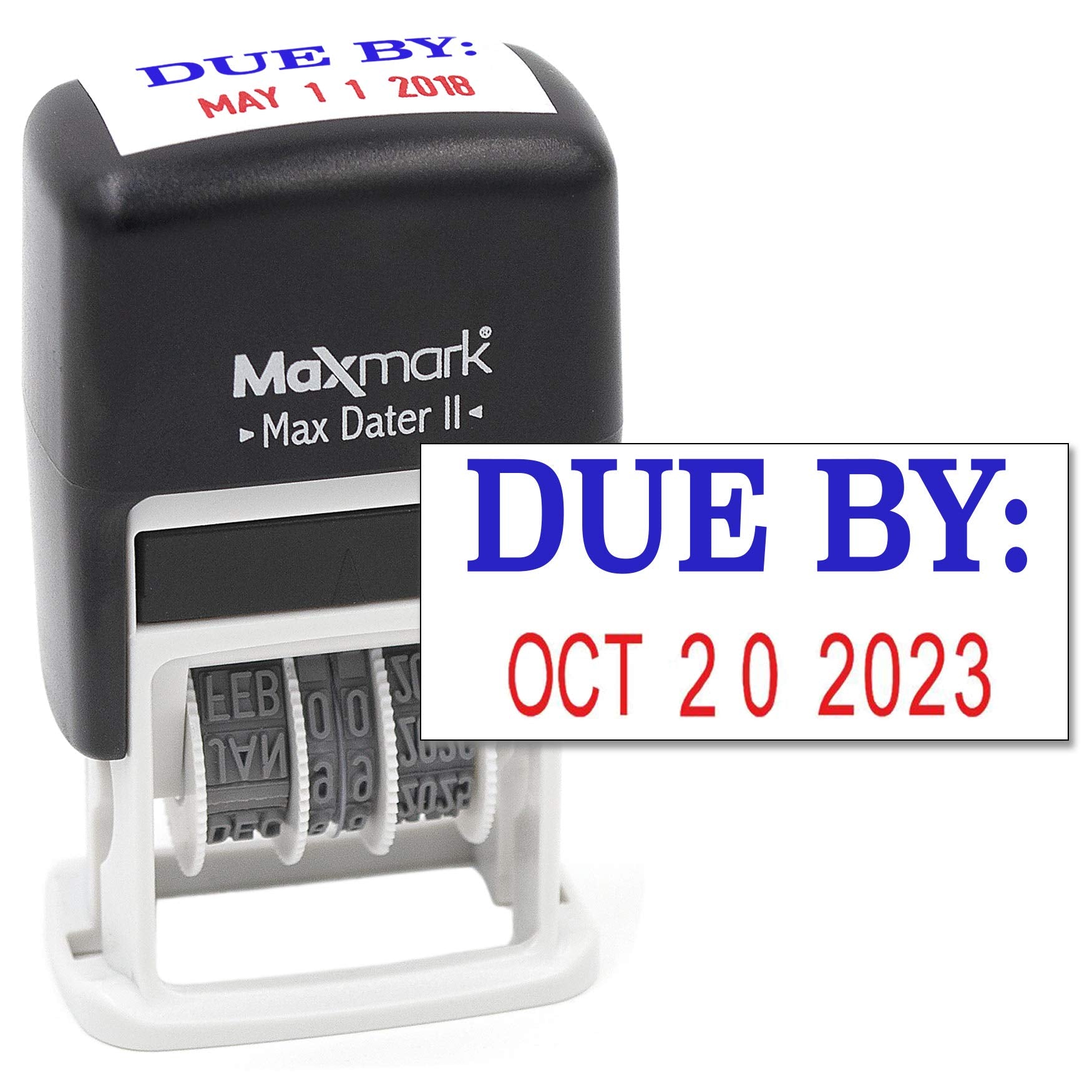 Maxmark Self-Inking Rubber Date Office Stamp With Due By Phrase & Date - 2 Color Blue/Red Ink (Max Dater Ii), 12-Year Band