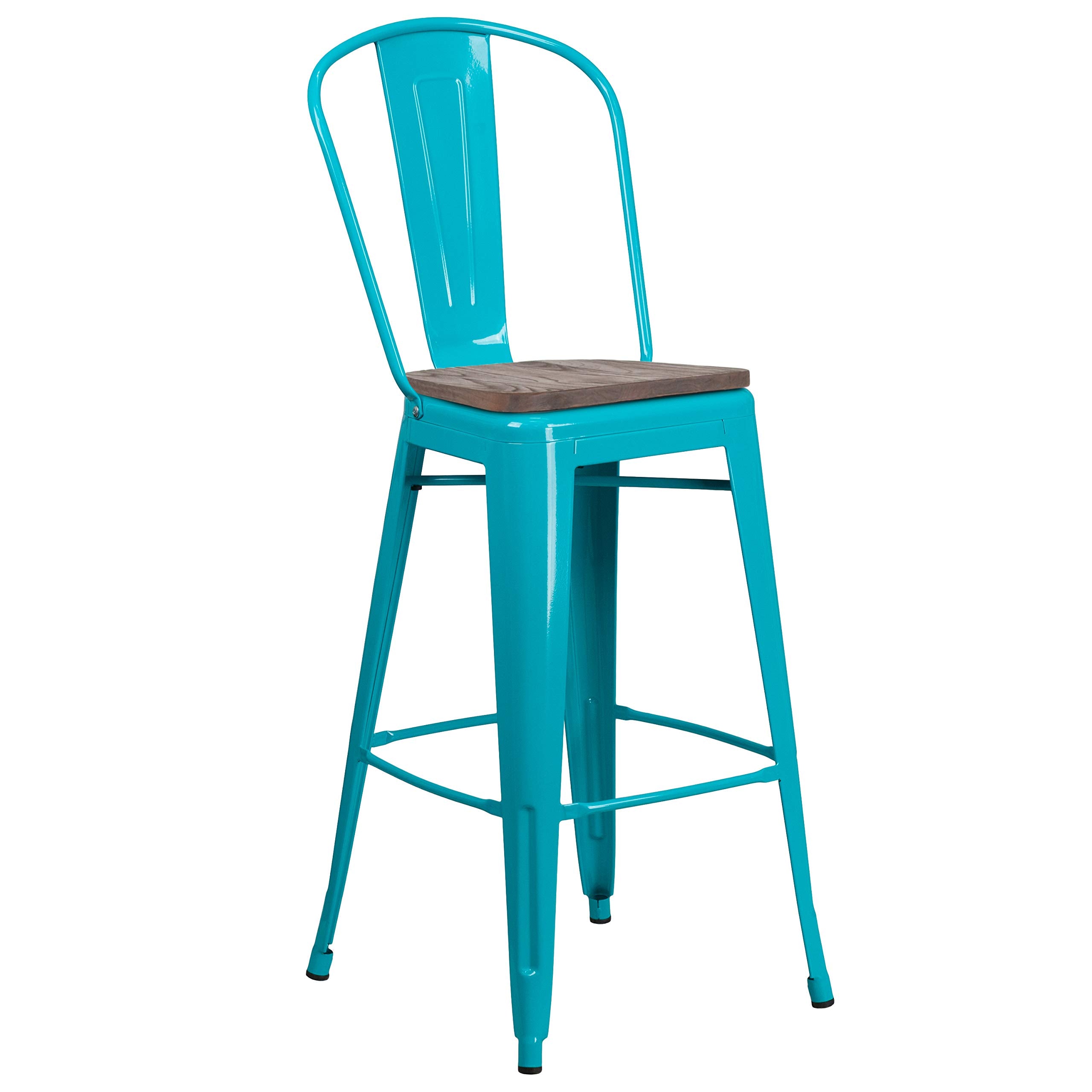Flash Furniture 30' High Crystal Teal-Blue Metal Barstool With Back And Wood Seat