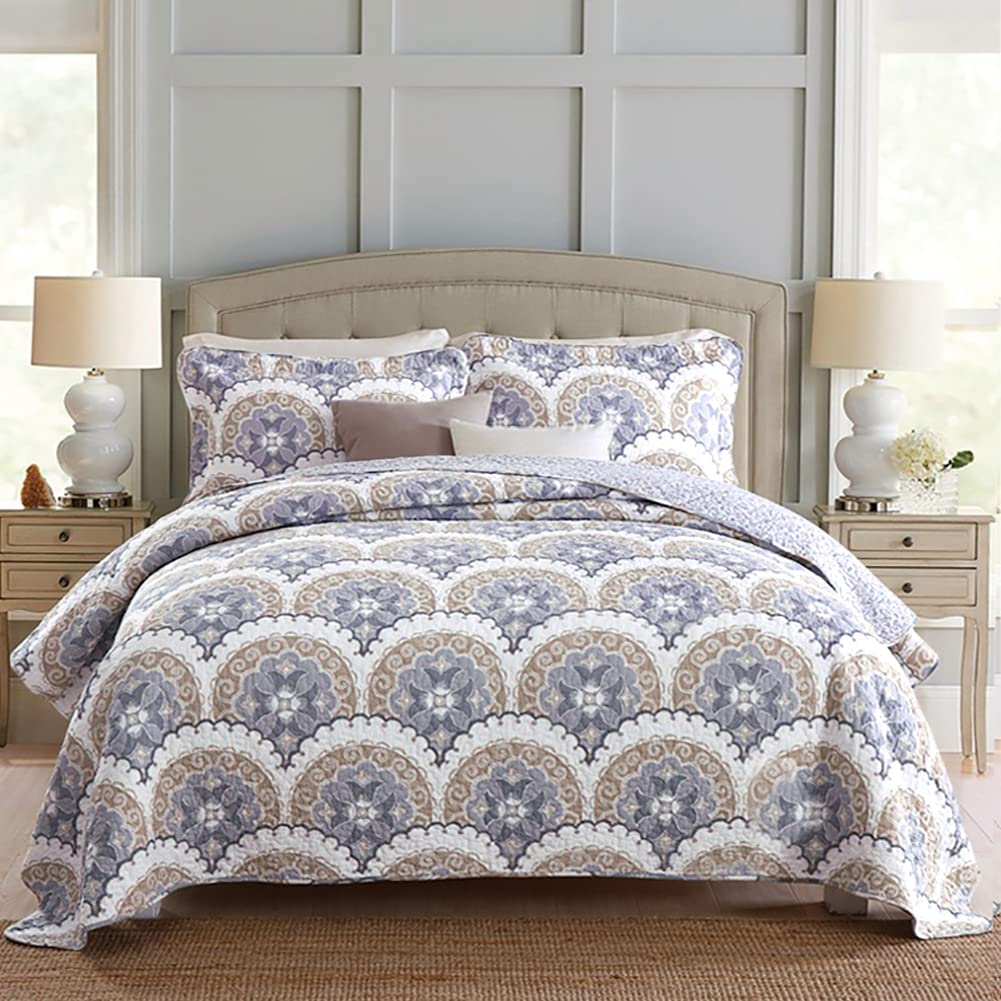 Mixinni Mandala Bedspread Quilt Sets 100% Cotton 3-Piece Blue Grey Reversible Lightweight Coverlet Set With Shams For All-Season