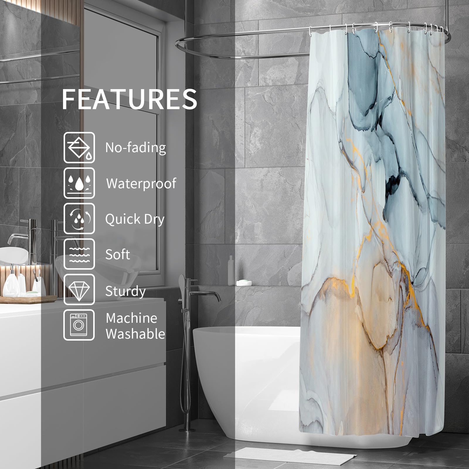 Gibelle Long Fabric Shower Curtain 72 X 78, Tall Abstract Grey Blue Marble Shower Curtain, Modern Ink Art Waterproof Fabric Show