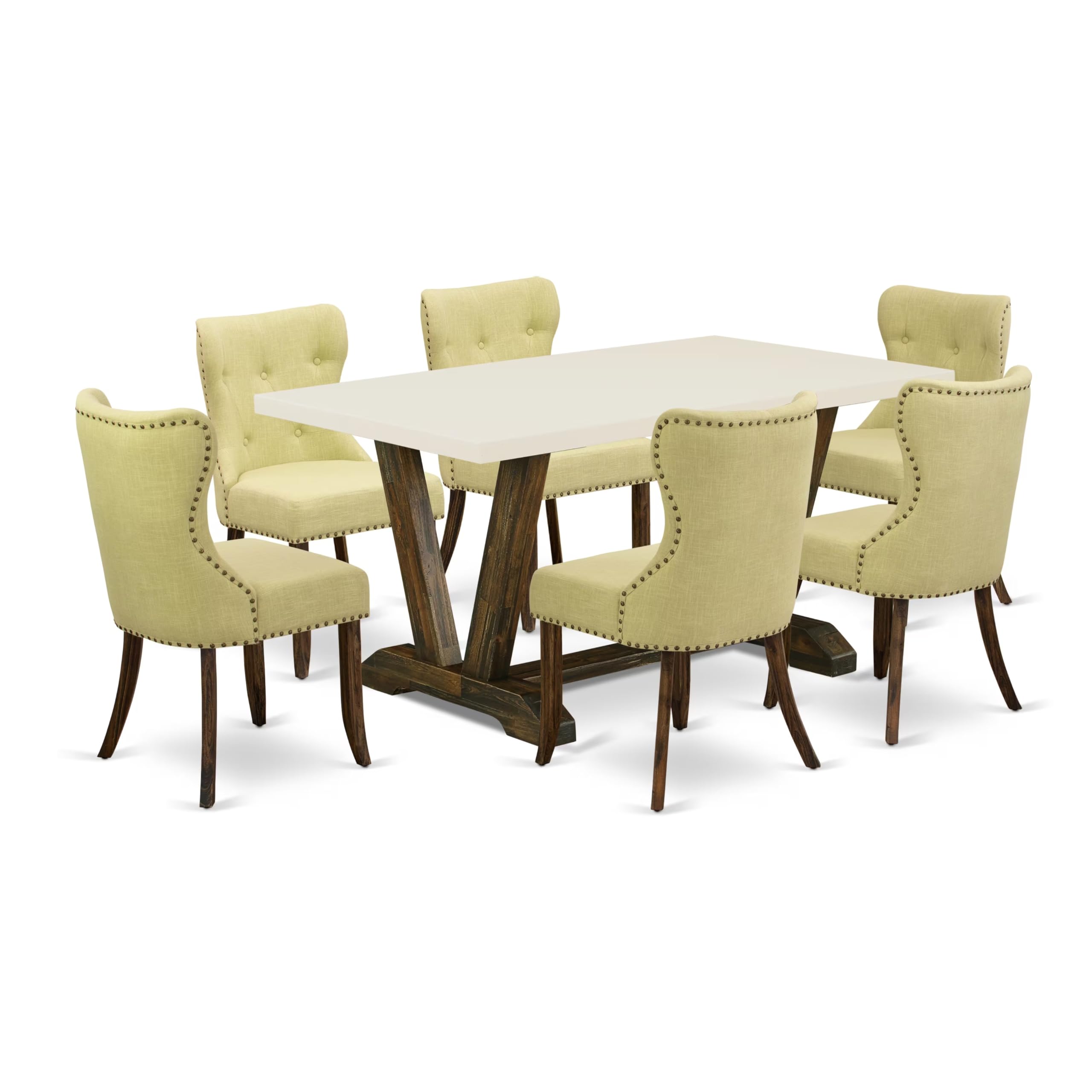 East West Furniture V726Si737-7 7 Piece Kitchen Table Set Consist Of A Rectangle Dining Table With V-Legs And 6 Limelight Linen Fabric Parsons Dining Chairs, 36X60 Inch, Multi-Color