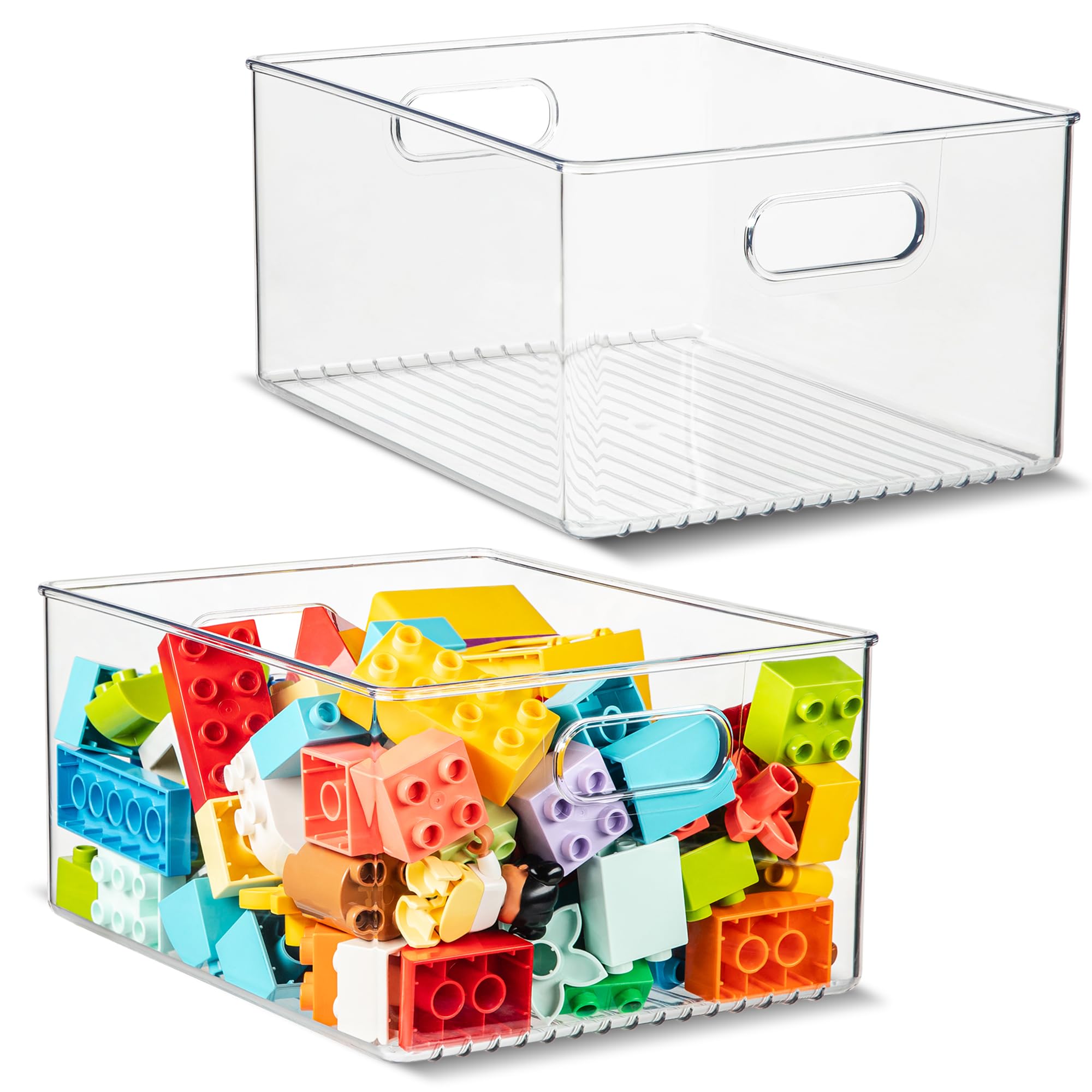 Plastic Food Storage 2 Pack Clear Container Bin With Handles For Organizing Kitchen, Pantry, Refrigerator, Freezer, Pantry, Cabi