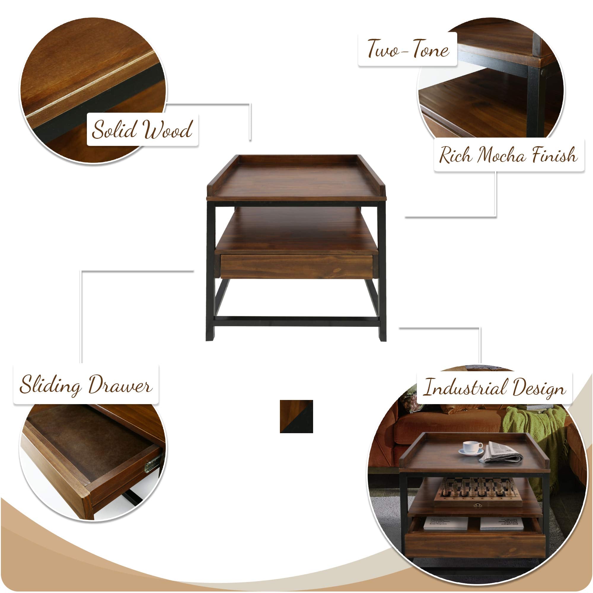 Casual Home Horizon End Table With Drawer, Mocha, Black