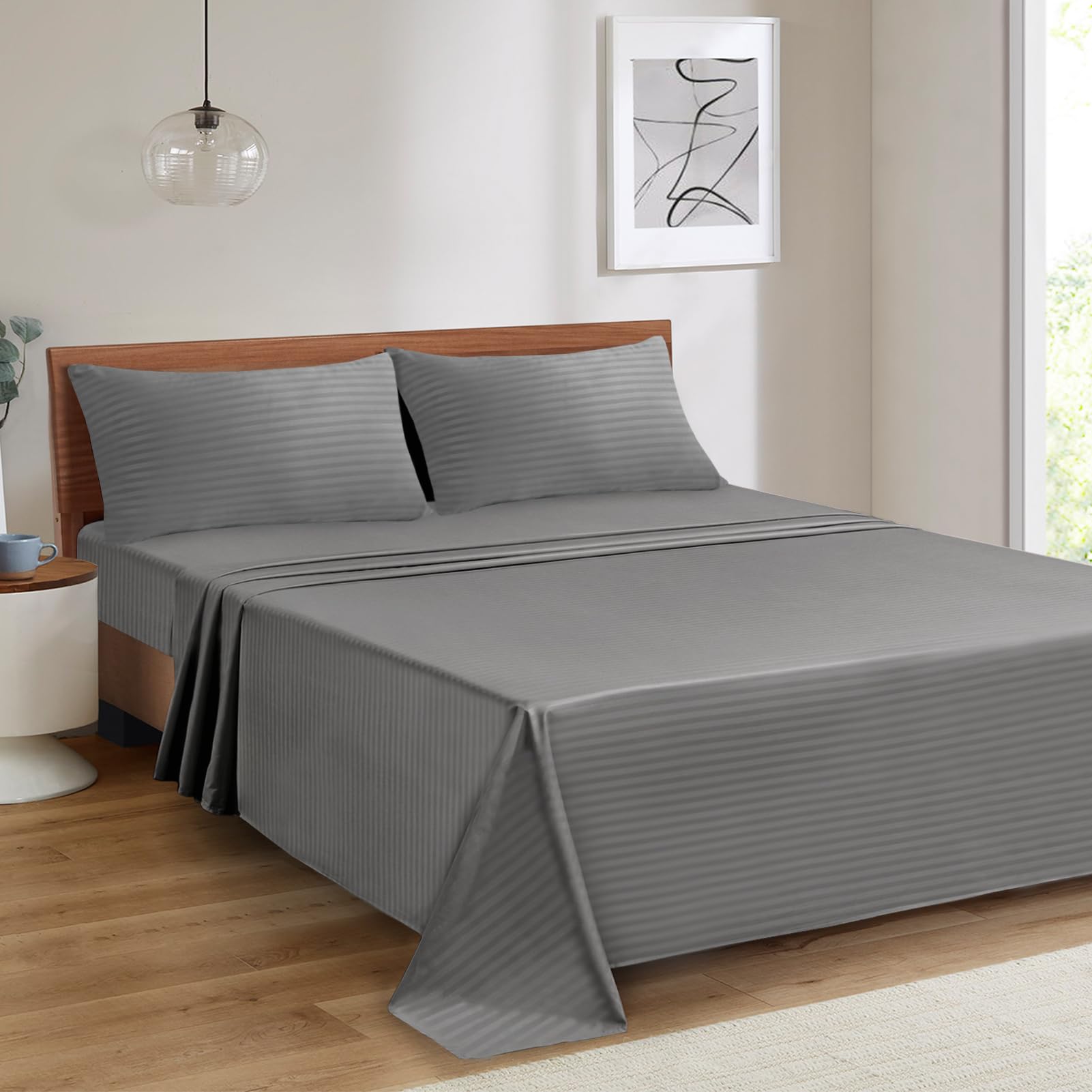 Mejoroom Striped Grey-01 1800 Thread Count Queen Sheet Set - Hypoallergenic, Deep Pocket, Breathable, Wrinkle & Stain Resistant