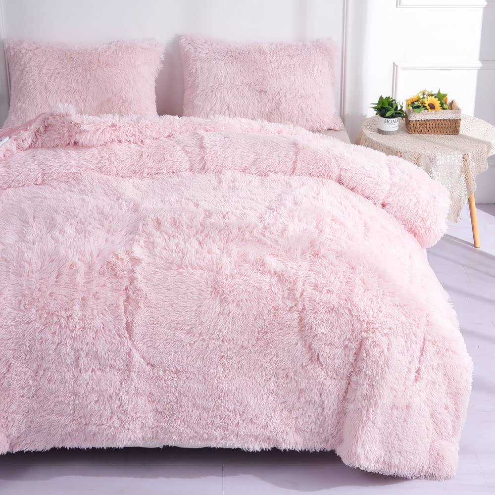Chovy Faux Fur Plush Light Pink Comforter Sets Twin/Full Size - Ultra Soft Shaggy Flannel Velvet Fluffy Fuzzy 3Pc Bedding Set (C
