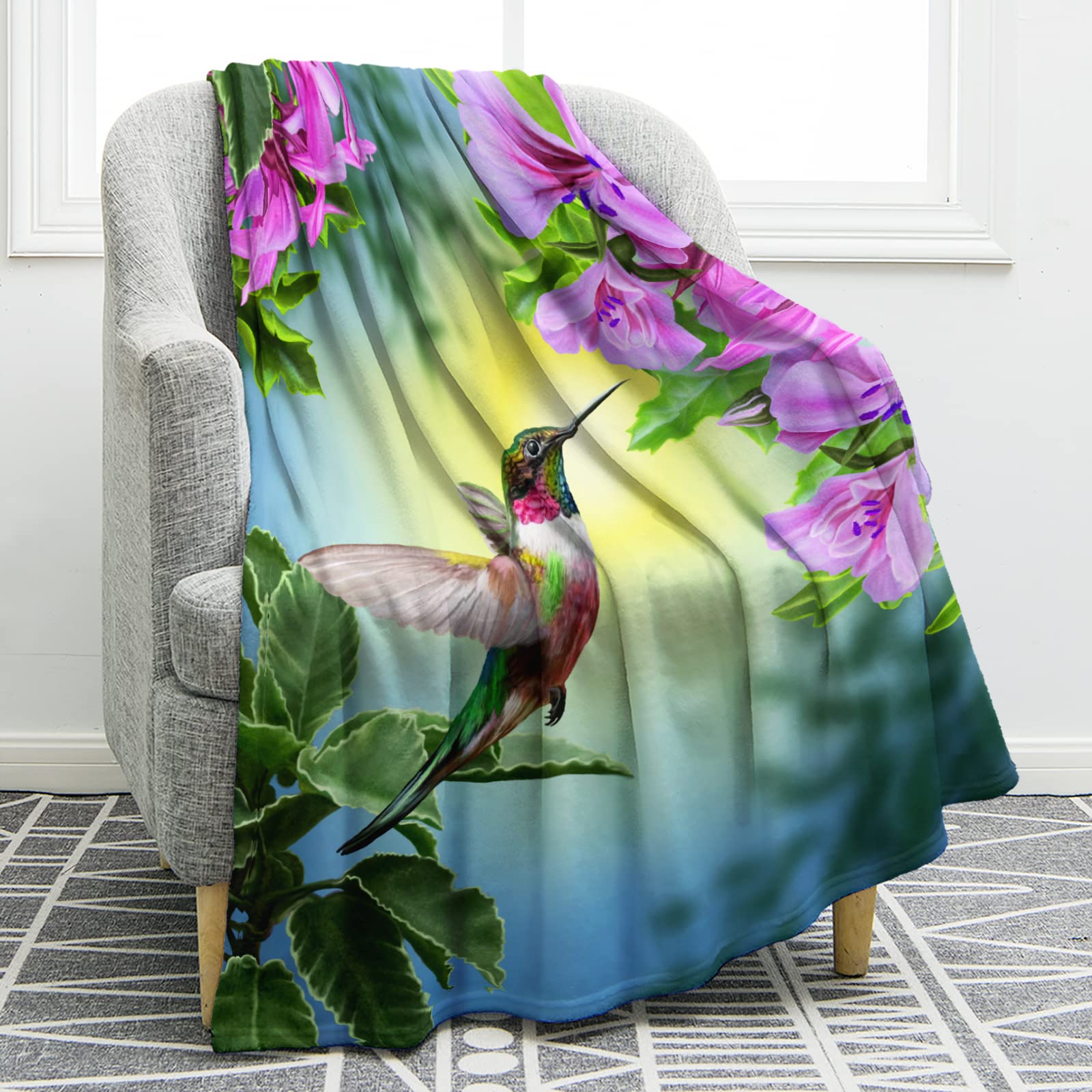 Jekeno Hummingbird Floral Blanket Gifts For Women Kids Girls Pink Flowers Bird Home Bedroom Decor Soft Cozy Lightweight Plush Th