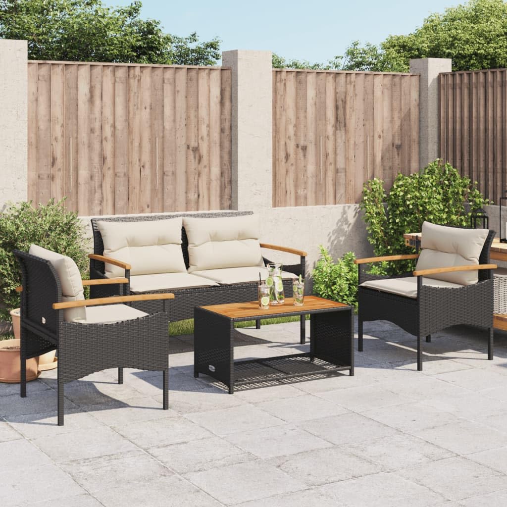 vidaXL 4 Piece Black Rattan Patio Sofa Set with Acacia Wood Table and Cushions - Weather-Resistant Outdoor Furniture for Garden, Terrace, Backyard, Patio