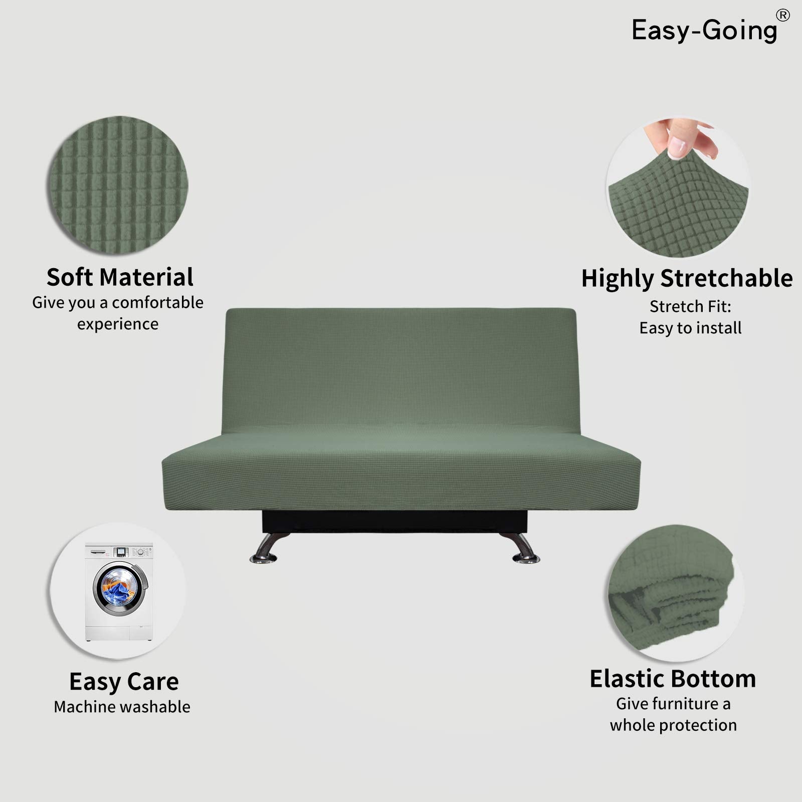 Easy-Going Stretch Futon Slipcover Armless Futon Bed Cover Furniture Protector Without Armrests With Elastic Bottom For Kids, Soft Jacquard Fabric Small Checks (Medium, Greyish Green)