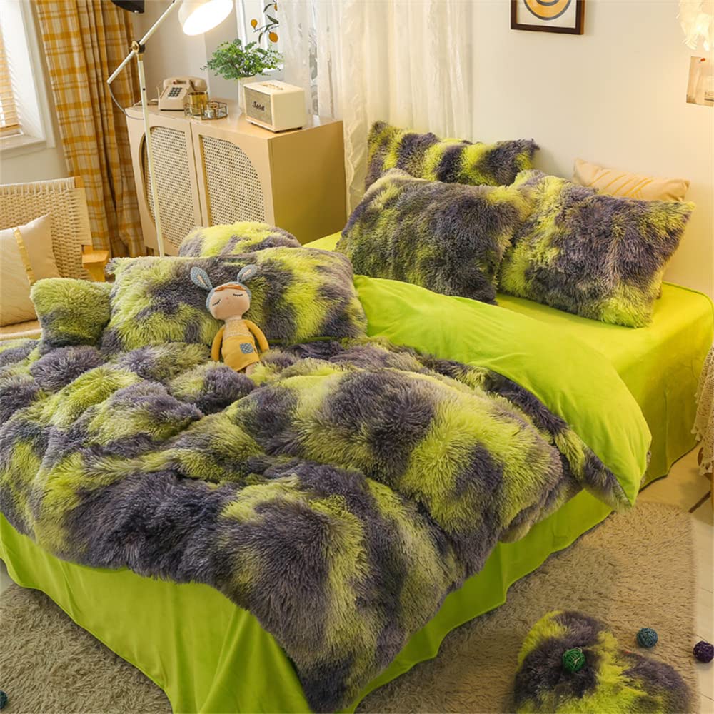 Chovy Faux Fur Plush Tie-Dyed Green Comforter Sets Twin/Full Size - Ultra Soft Shaggy Flannel Velvet Fluffy Fuzzy 3Pc Bedding Se