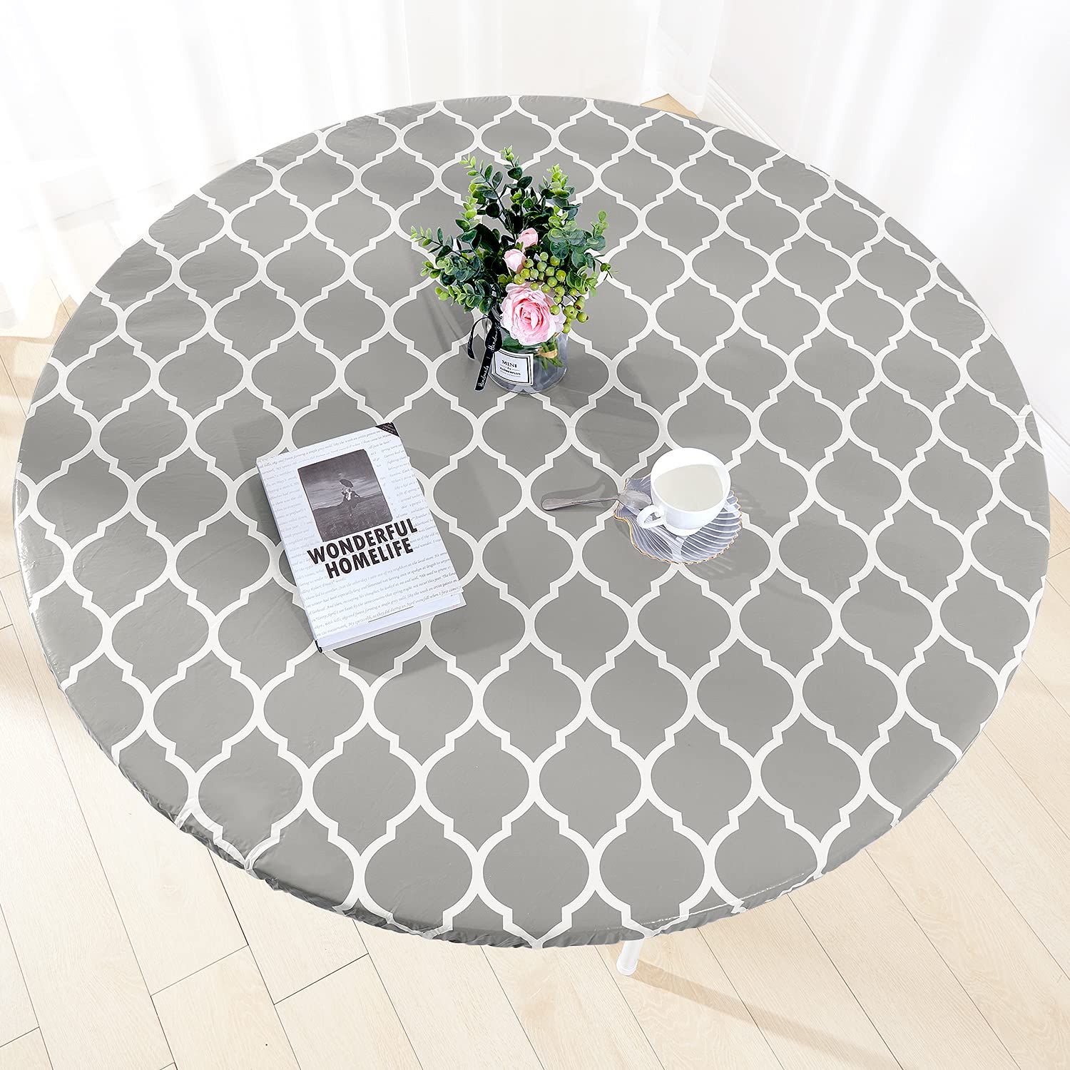 Zhuqing Heavy Duty Vinyl Round Fitted Tablecloth, Gray Moroccan Design, Spillproof Waterproof Elastic Table Cover With Flannel Backed Lining, Fits 45' To 56' Round Table, For Indoor/Outdoor Use