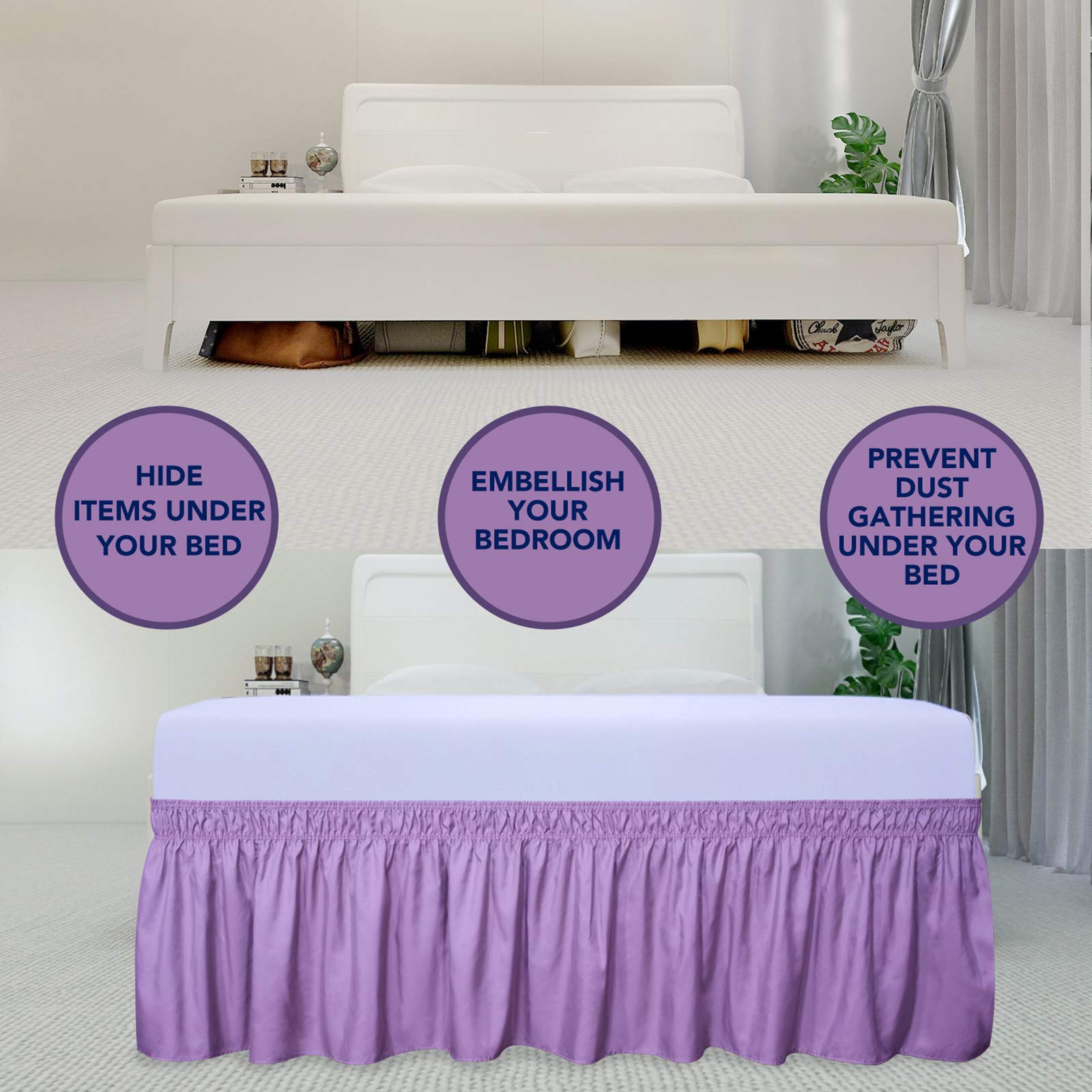 Purefit Wrap Around Ruffled Bed Skirt With Adjustable Elastic Belt - 18 Inch Drop Easy To Put On, Wrinkle Free Bedskirt Dust Ruffles, Bed Frame Cover For Twin, Twin Xl And Full Size Beds, Lavender