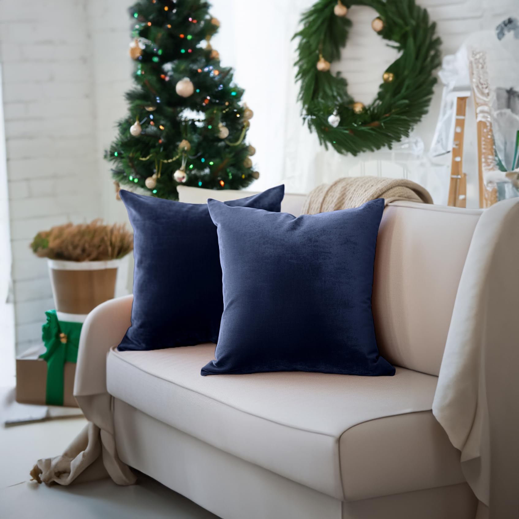 Encasa Xo Velvet Throw Pillow Covers 20X20 In (50X50 Cm) - Navy Blue - Set Of 2 No Inserts, Only Pack Of 2 Cases | Soft Square D