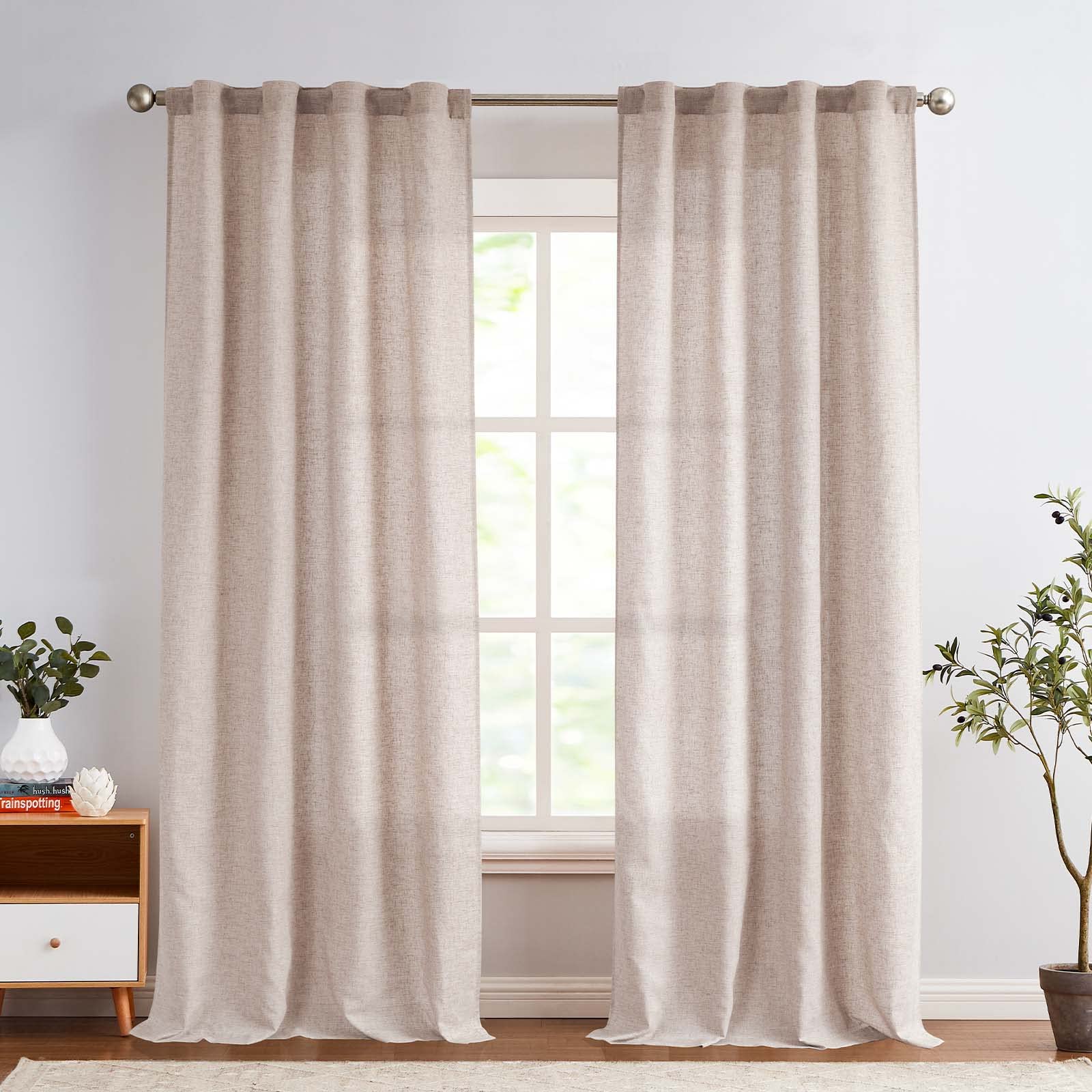 Jinchan Linen Blend Curtains 96 Inches Long For Living Room Farmhouse Rod Pocket Back Tab Light Filtering Window Drapes For Bedroom Curtains Taupe 2 Panels