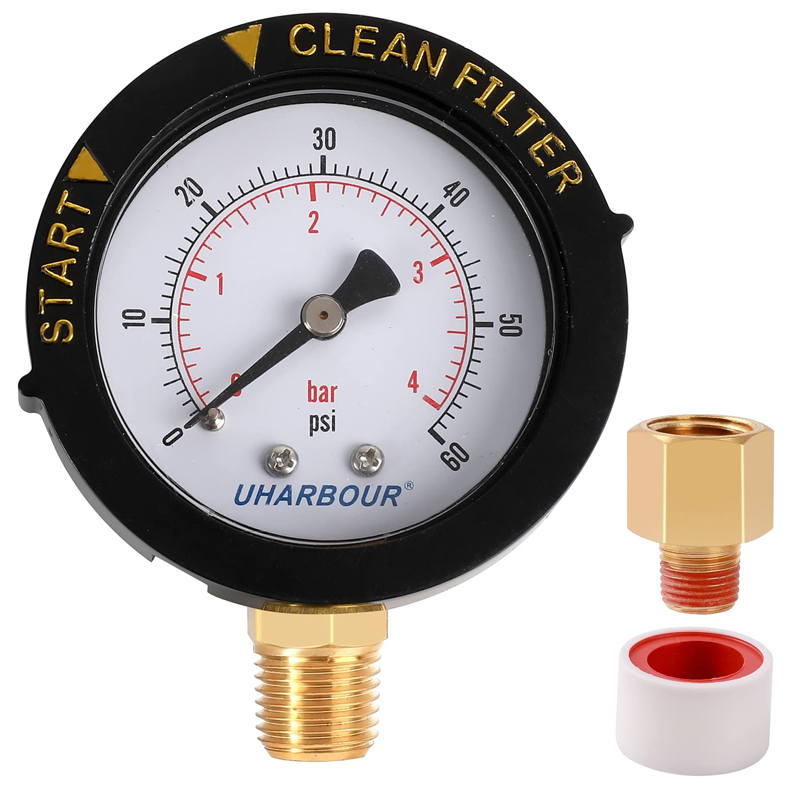 Uharbour Pool Filter Pressure Gauge 60Psi, Pool Pressure Gauge 2' Dial With Bezel, Pool Pump Pressure Gauge 1/4' Center Bottom