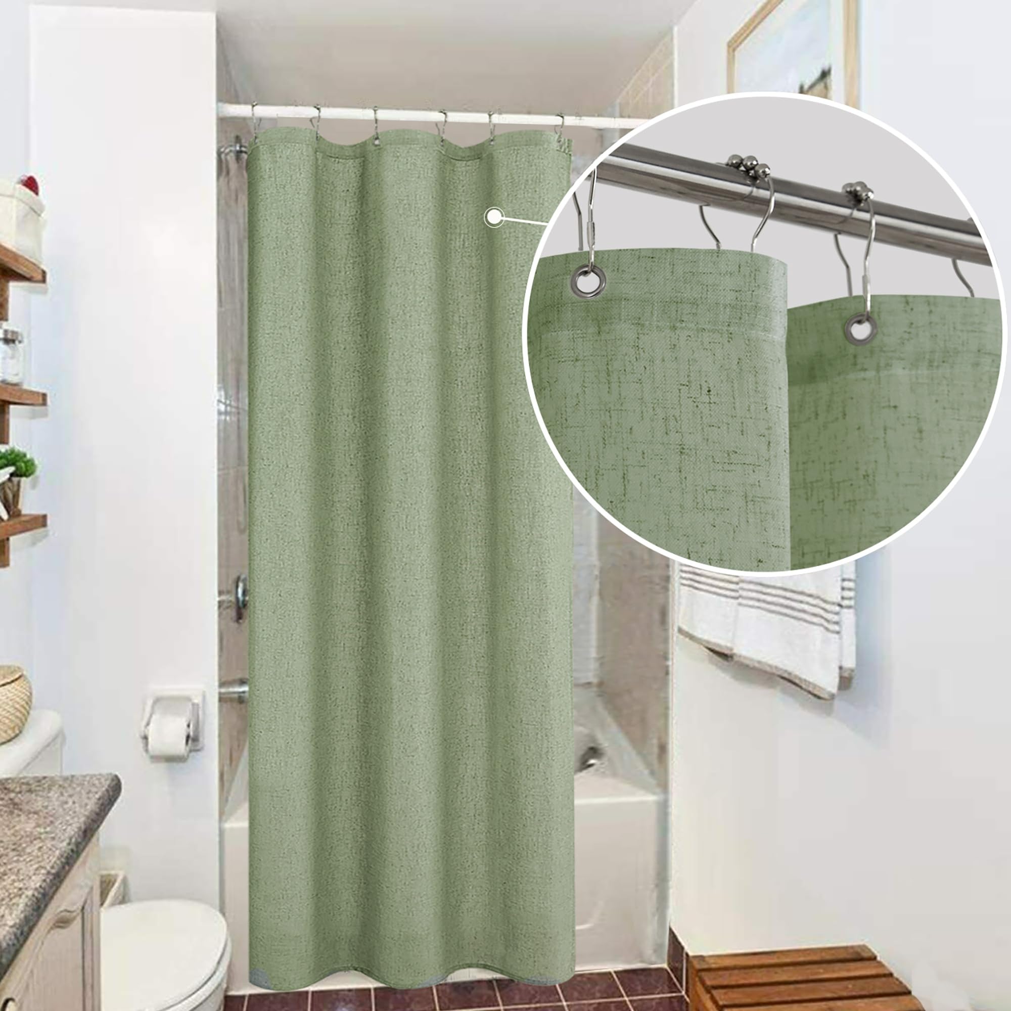 Koufall Sage Green Farmhouse Shower Curtain For Bathroom Small Stall 36X72 Inch Textured Cloth Linen Fabric Half Narrow Waterproof Rv Shower Curtains For Bathtub Ensuite Boho Decor