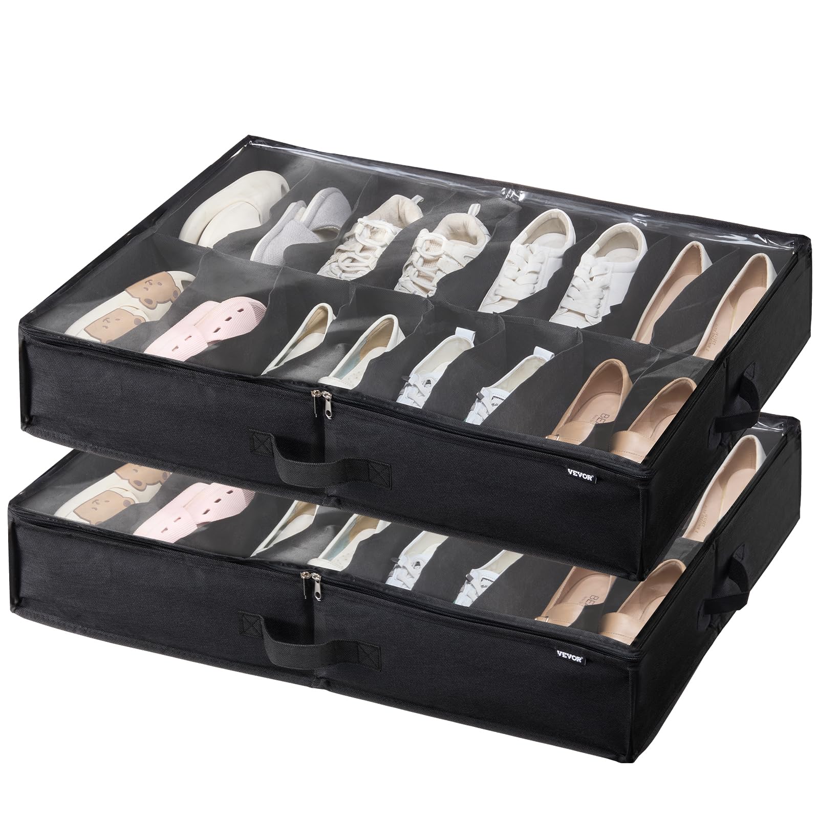VEVOR Under Bed Shoe Storage Organizer, Set of 2, Total 32 Compartments, Underbed Shoes Closet Storage Solution with Clear Windo