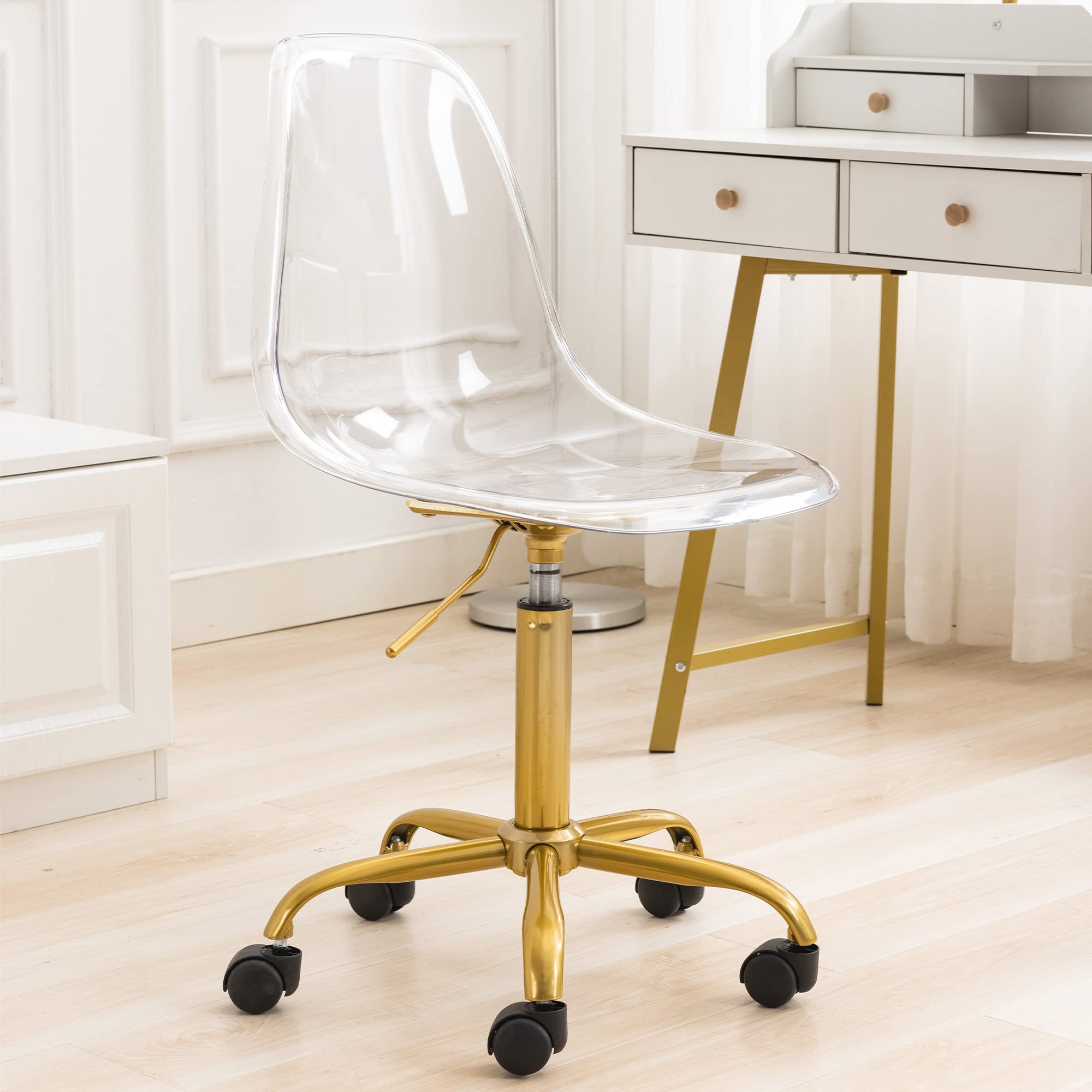 Villeston Acrylic Clear Desk Chair, Modern Small Rolling Cute Armless Vanity Plastic Chair Home Office Lucite Ghost Chairs With
