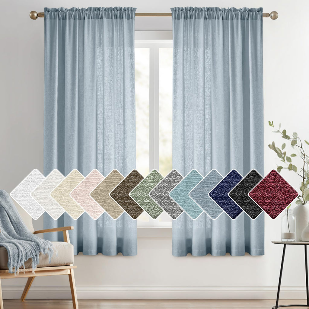 Melodieux Dusty Blue Semi Sheer Curtains 54 Inch Length for Bedroom Living Room, Faux Linen Window Privacy Sheer Drapes Rod Pock
