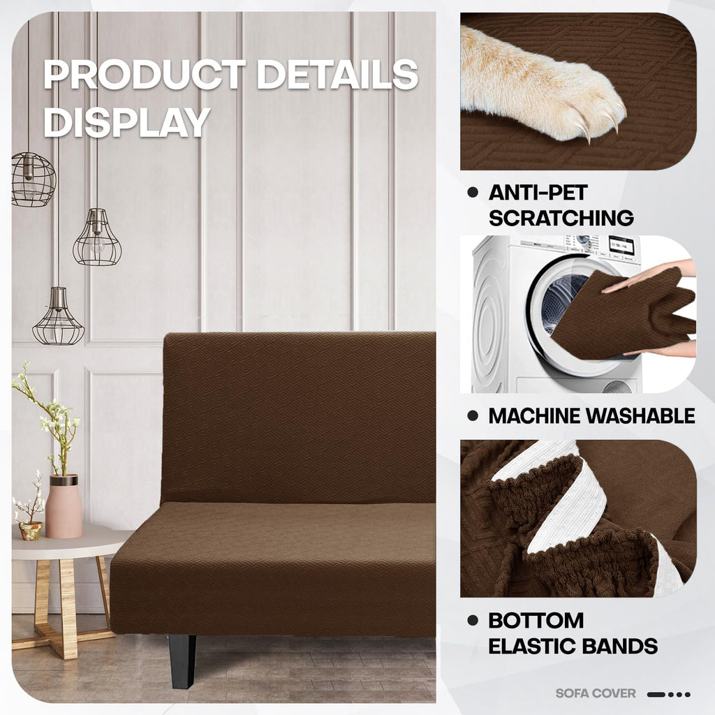 Znsayotx Armless Futon Covers Full Size (67'-82') Stretch Jacquard Sofa Bed Slipcovers, Striped Queen Futon Cover With Non-Slip Elastic Bottom, Soft Cozy Futon Mattress Cover Washable (Coffee)