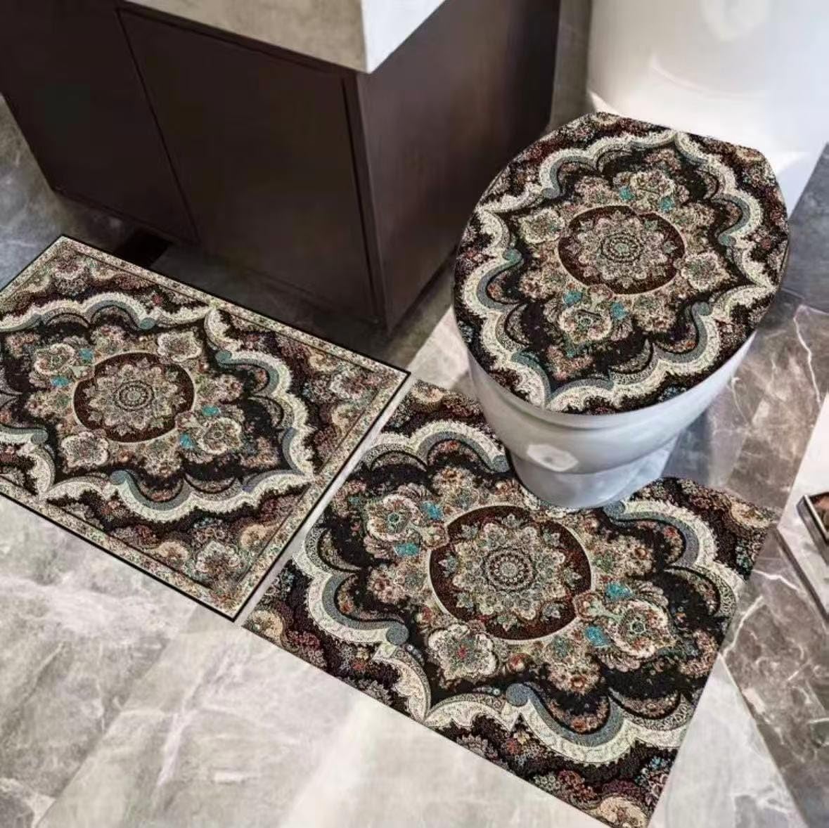 LAILAI 3Piece Bathroom Rug Set, AntiSlip Soft Toilet Mat, UShaped Contour Rug & Toilet Lid Cover, Vintage Floral Medallion De