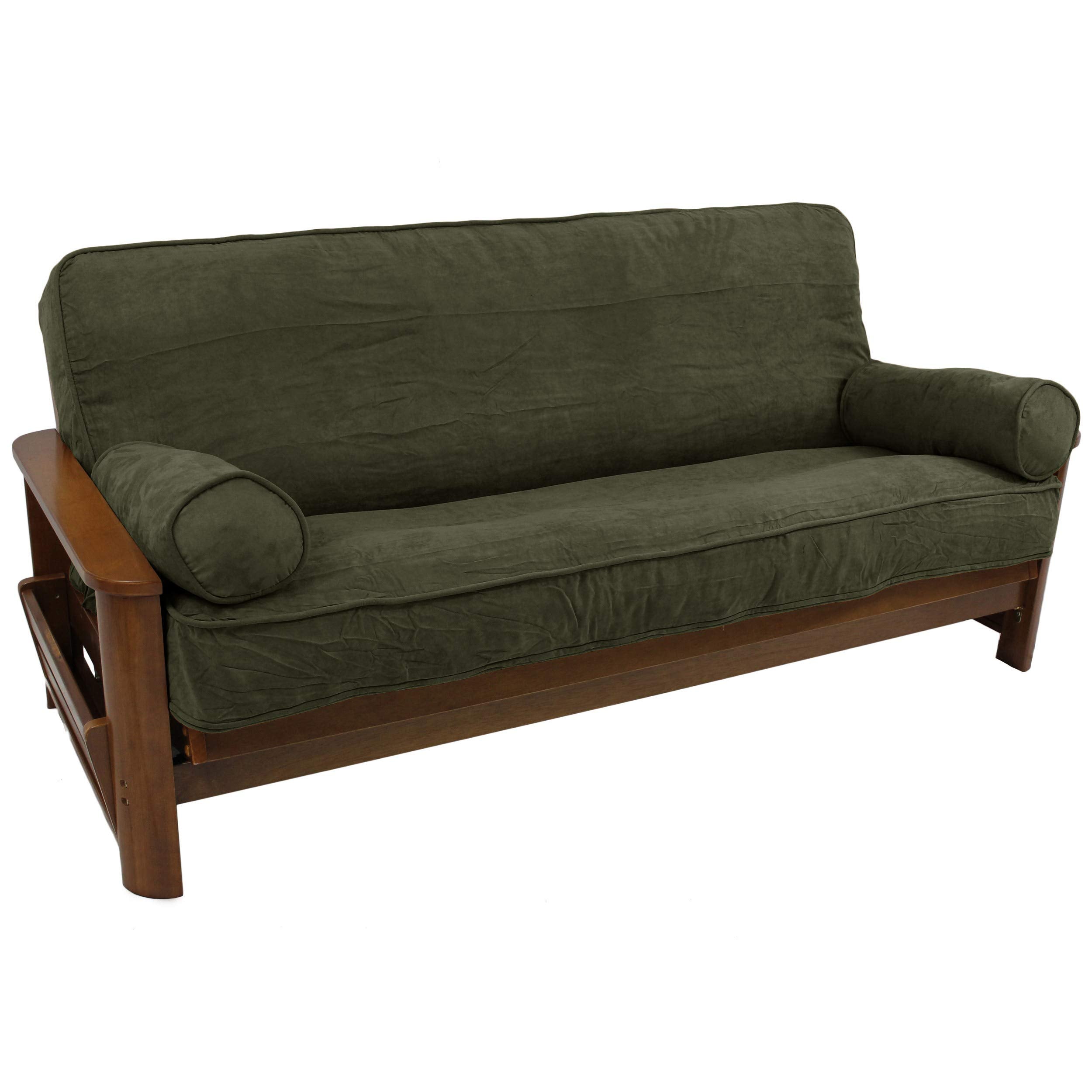 Blazing Needles Solid Microsuede Double Corded 8&quot; to 9&quot; Futon Cover Set with 2 Bolster Pillows (Set of 3), Full, Hunter Green