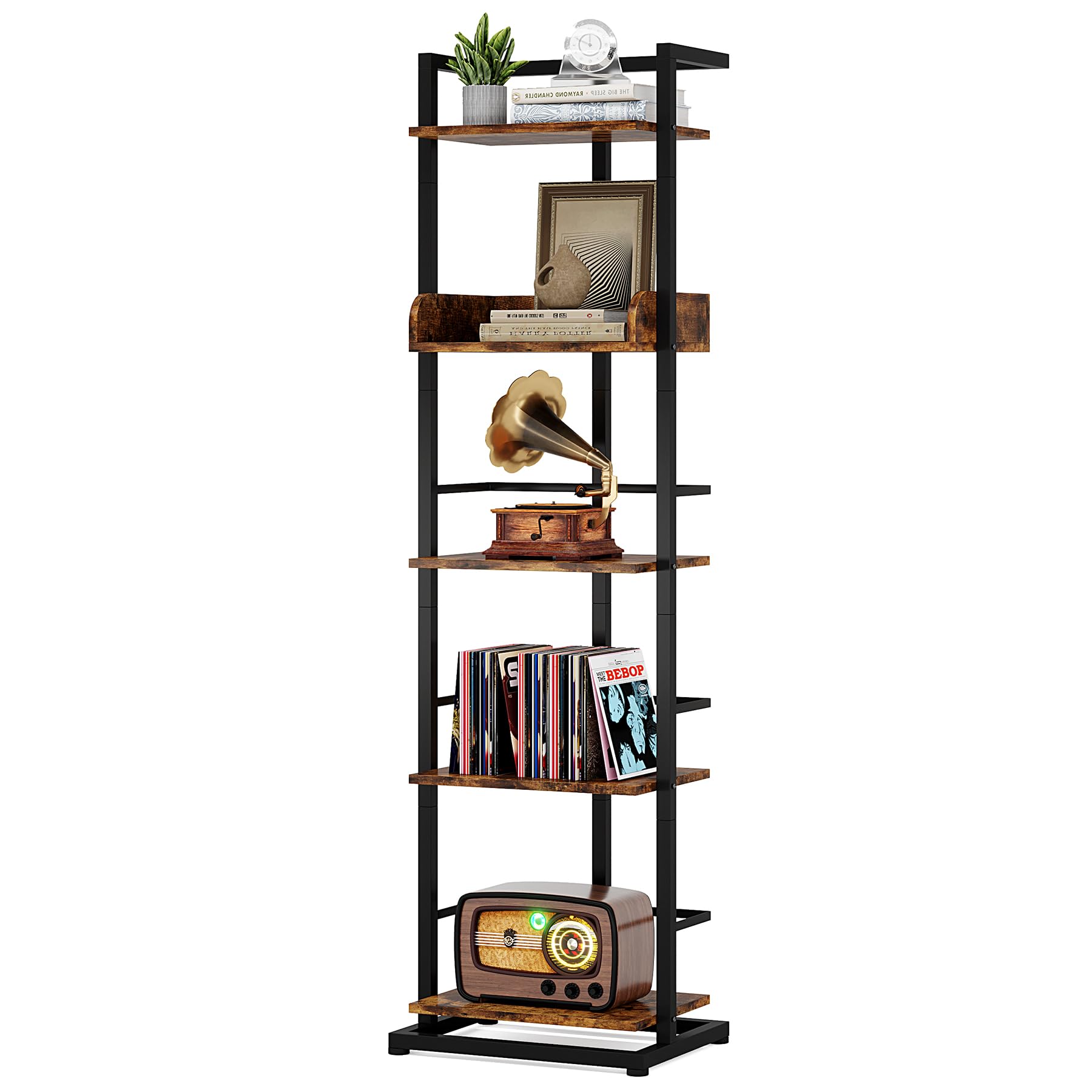 Hosfais Book Shelf Narrow Bookshelf: 5 Tier Wood Bookcase with Metal Edge Protection Industrial Modern Bookshelf Book Storage Or