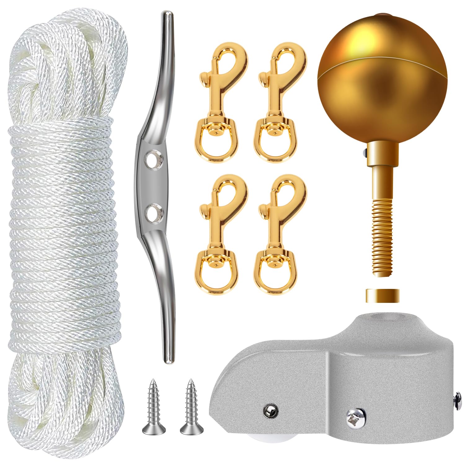 Nq Flagpole Hardware Repair Parts Kit-50 Feet Halyard Rope+3' Gold Ball + 6' Zinc Alloy Cleat+4 Pcs Metal Swivel Snap Clips+Al