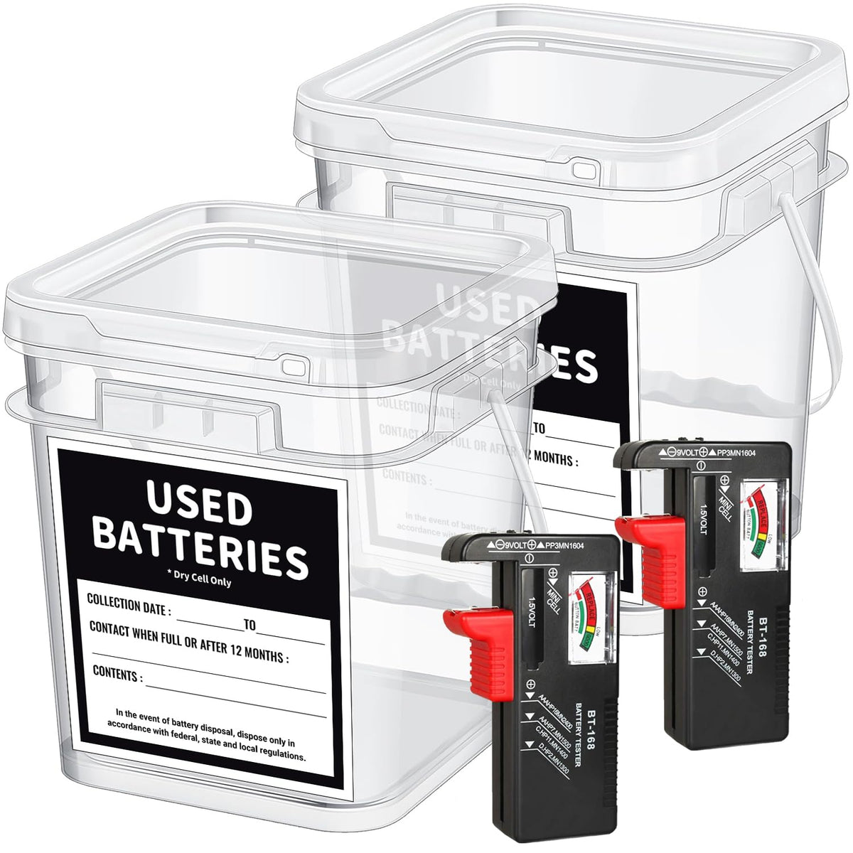 QHAND 2 Pcs Battery Recycling Container with Battery Testers for Household Batteries, Used Battery Disposal Container with lid f