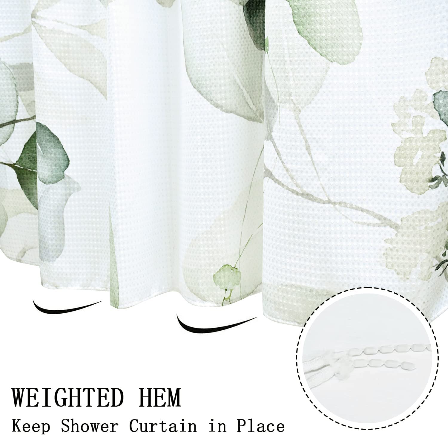 Gcirec Eucalyptus Leaf Waffle Shower Curtains, Weighted Bottom Sage Green Spring Watercolor Botanical Plants Textured Fabric Bat