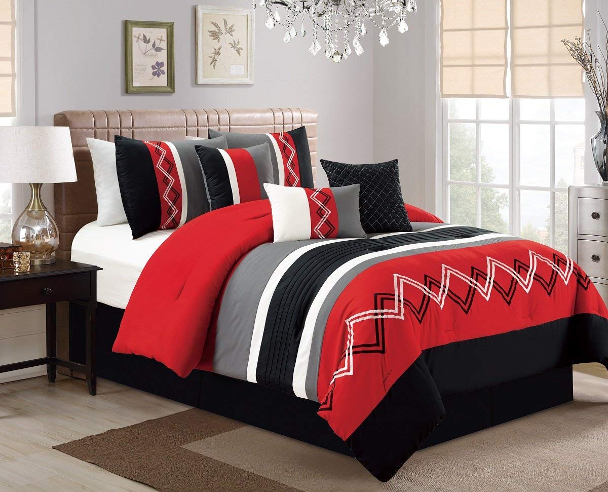Chezmoi Collection Arden 7-Piece Modern Pleated Stripe Embroidered Zigzag Bedding Comforter Set (Queen, Red/Black/Gray/Off-White