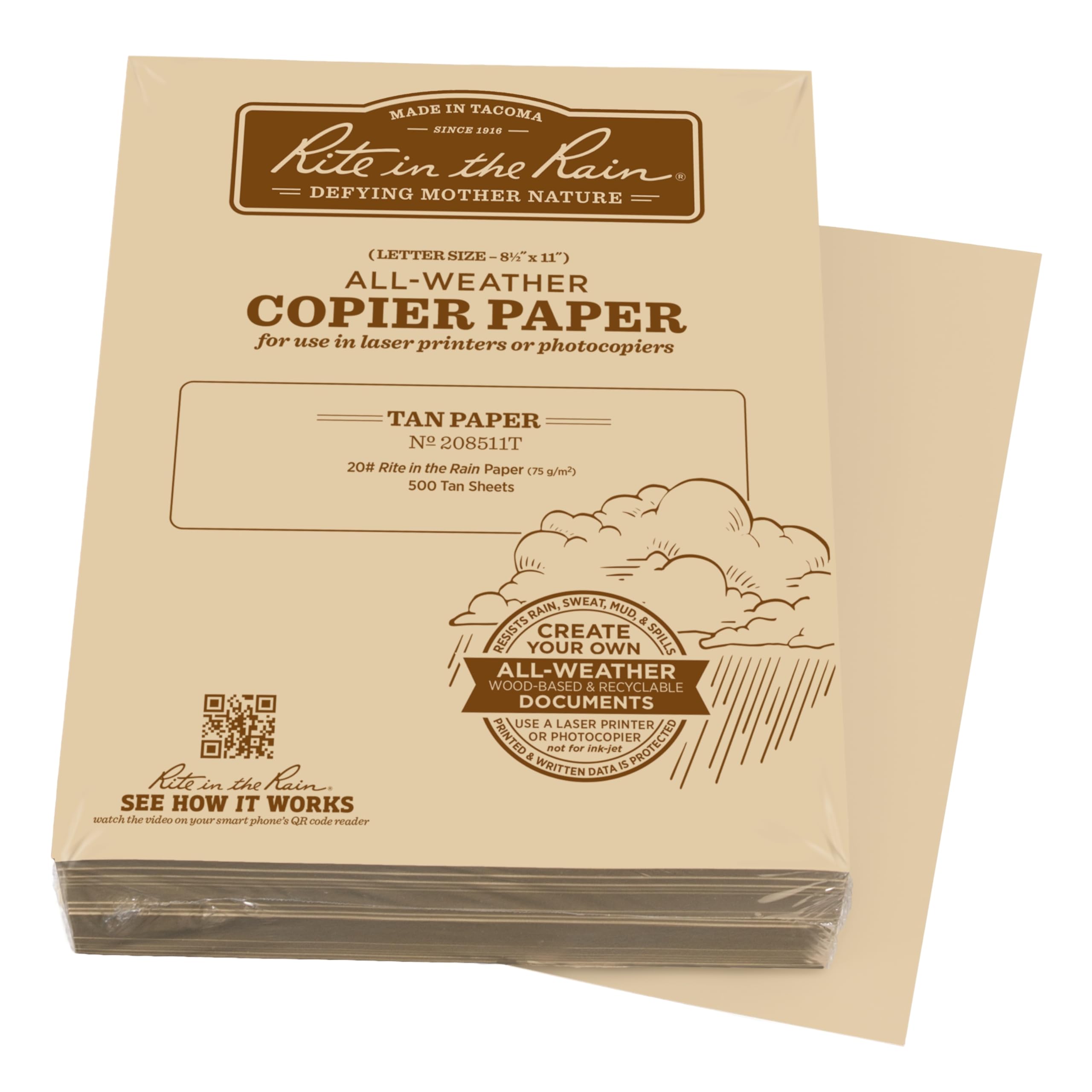 Rite In The Rain Weatherproof Bulk Copier Paper, 8.5' X 11', 20# Tan, 500 Sheet Pack (No. 208511T)