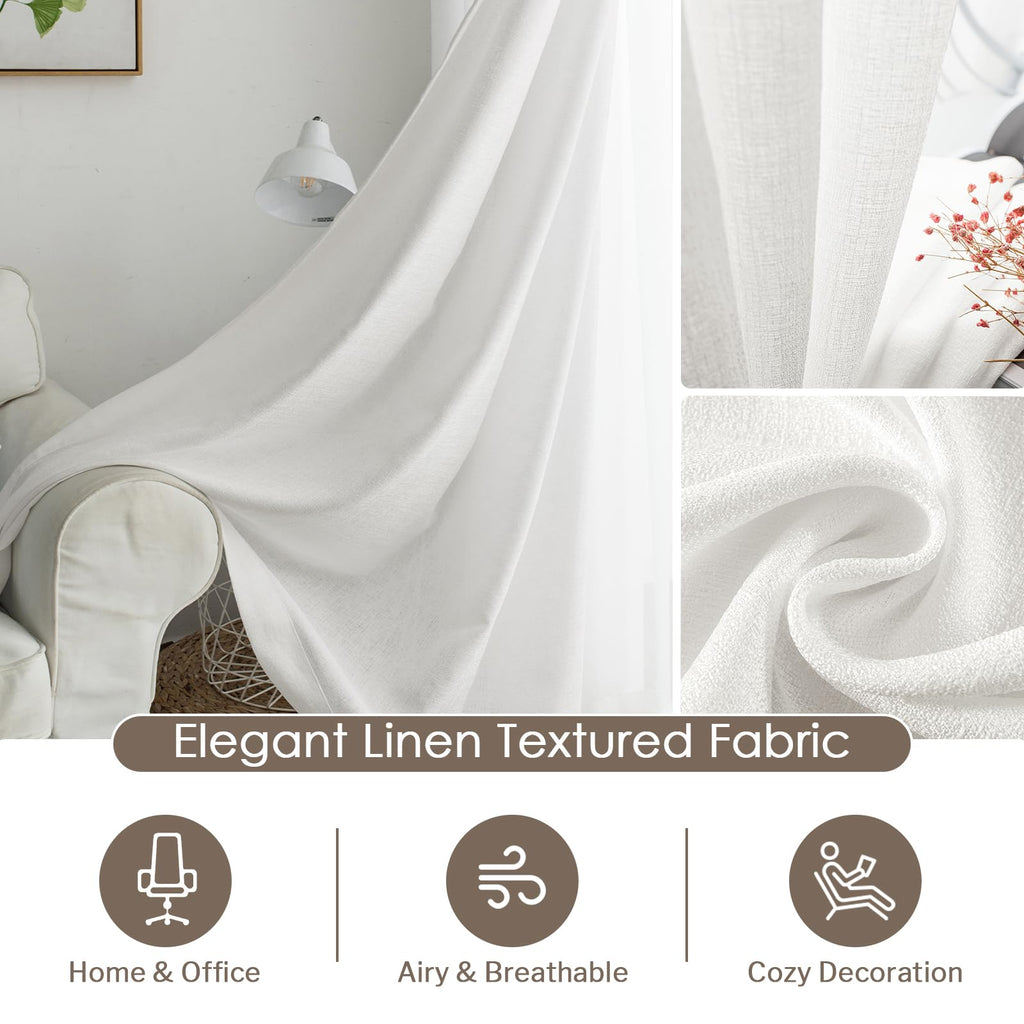 Melodieux Ivory Semi Sheer Curtains 54 Inch Length For Bedroom Living Room, Faux Linen Window Privacy Sheer Drapes Rod Pocket, 5