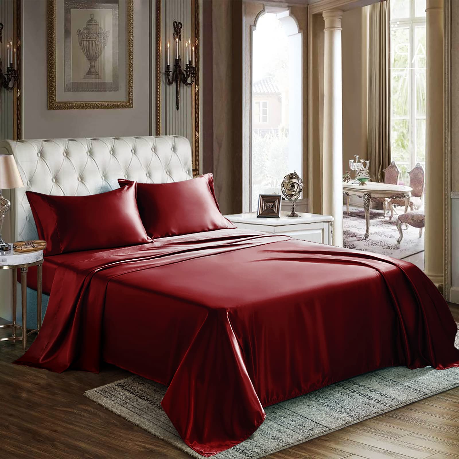 Cozylux Satin Sheets King Size - 4 Piece Burgundy Bed Sheet Set With Silky Microfiber, 1 Deep Pocket Fitted Sheet, 1 Flat Sheet,