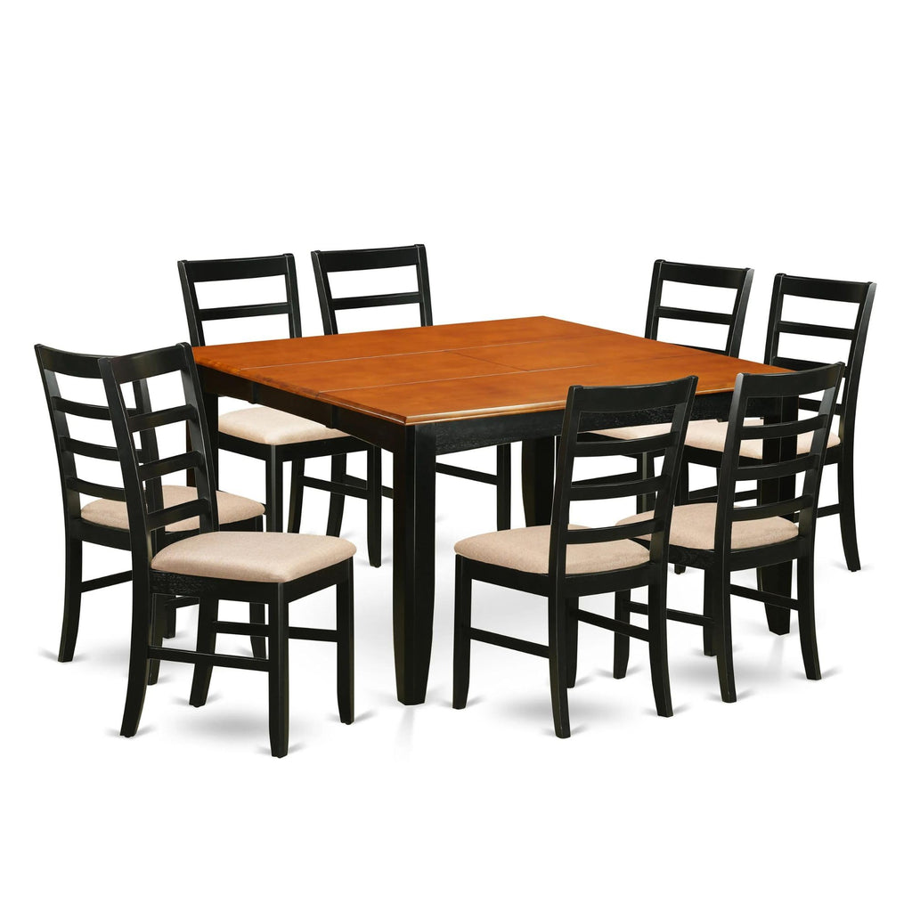 East West Furniture PARF9-BLK-C 9 Piece Dining Set Includes a Square Dining Room Table with Butterfly Leaf and 8 Linen Fabric Upholstered Kitchen Chairs, 54x54 Inch, Black & Cherry