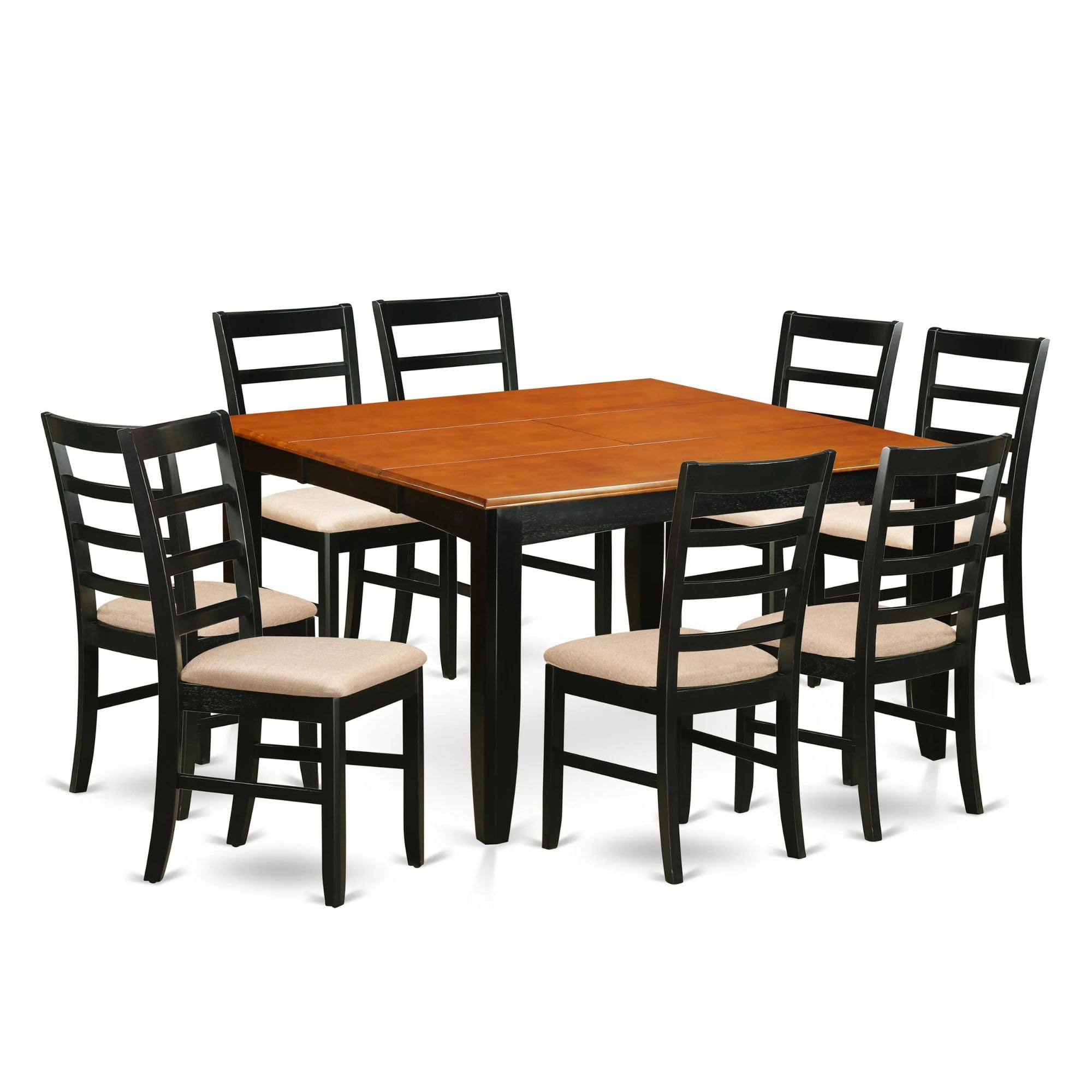 East West Furniture PARF9-BLK-C 9 Piece Dining Set Includes a Square Dining Room Table with Butterfly Leaf and 8 Linen Fabric Upholstered Kitchen Chairs, 54x54 Inch, Black & Cherry