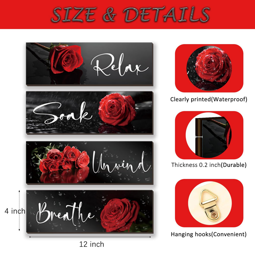 4 Pieces Red Rose Bathroom Wall Decors Flower Restroom Red Decor Relax Soak Unwind Breathe Red Wall Art Farmhouse Red Bathroom D