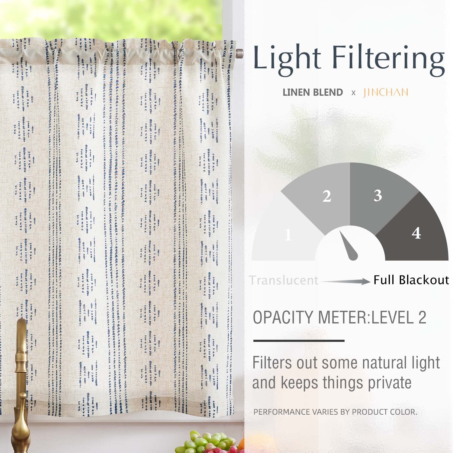 Jinchan Boho Kitchen Curtain Linen Tier Curtain Bohemian Cafe Curtain 24 Inch Geometric Striped Small Window Curtain Light Filtering Farmhouse Country Rustic For Bathroom Rv 1 Panel Blue On Beige