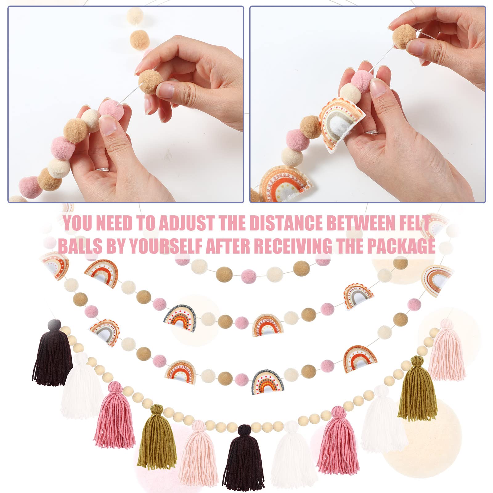 4 Pieces Boho Tassel Garland Rainbow Pom Pom Garland Wall Hanging Decor Pastel Tassel Boho Classroom Decor Felt Colorful Balls G