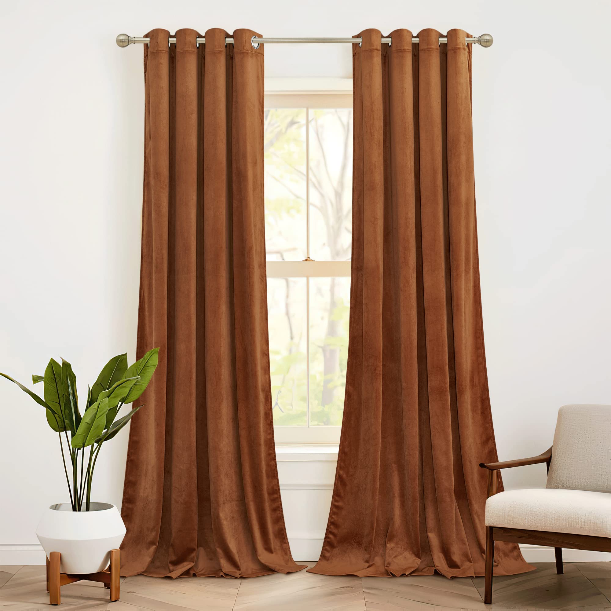 Ryb Home Orange Velvet Curtains 84 Inches Length For Living Room, Rustproof Grommet Window Drapes Energy Efficient Curtains For