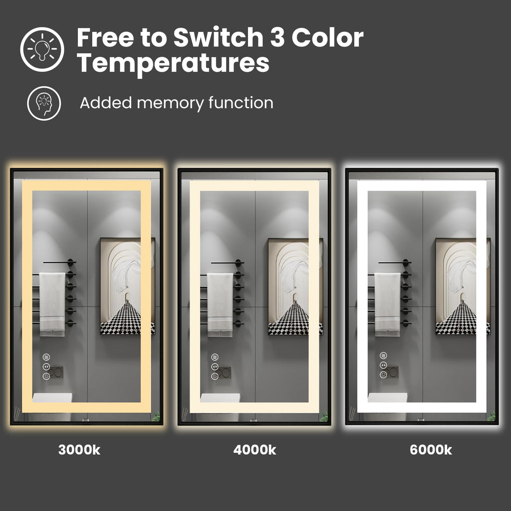 Amorho 40''X 38'' Black Led Mirror For Bathroom, Front Light And Backlit Framed Mirror, Stepless Dimmable, Anti-Fog, Shatter-Pro