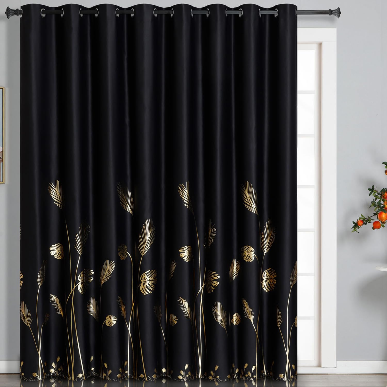 Estelar Textiler Wide Blackout Curtain For Sliding Door 100W X 108L Inch Thermal Insulated Window Blinds Foil Print Gold Palm Pa