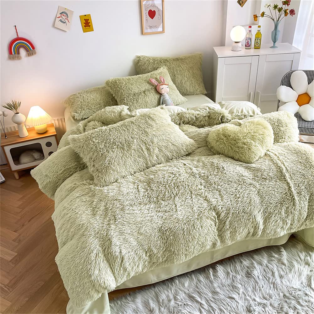 Chovy Faux Fur Plush Light Green Comforter Sets Twin/Full Size - Ultra Soft Shaggy Flannel Velvet Fluffy Fuzzy 3Pc Bedding Set (