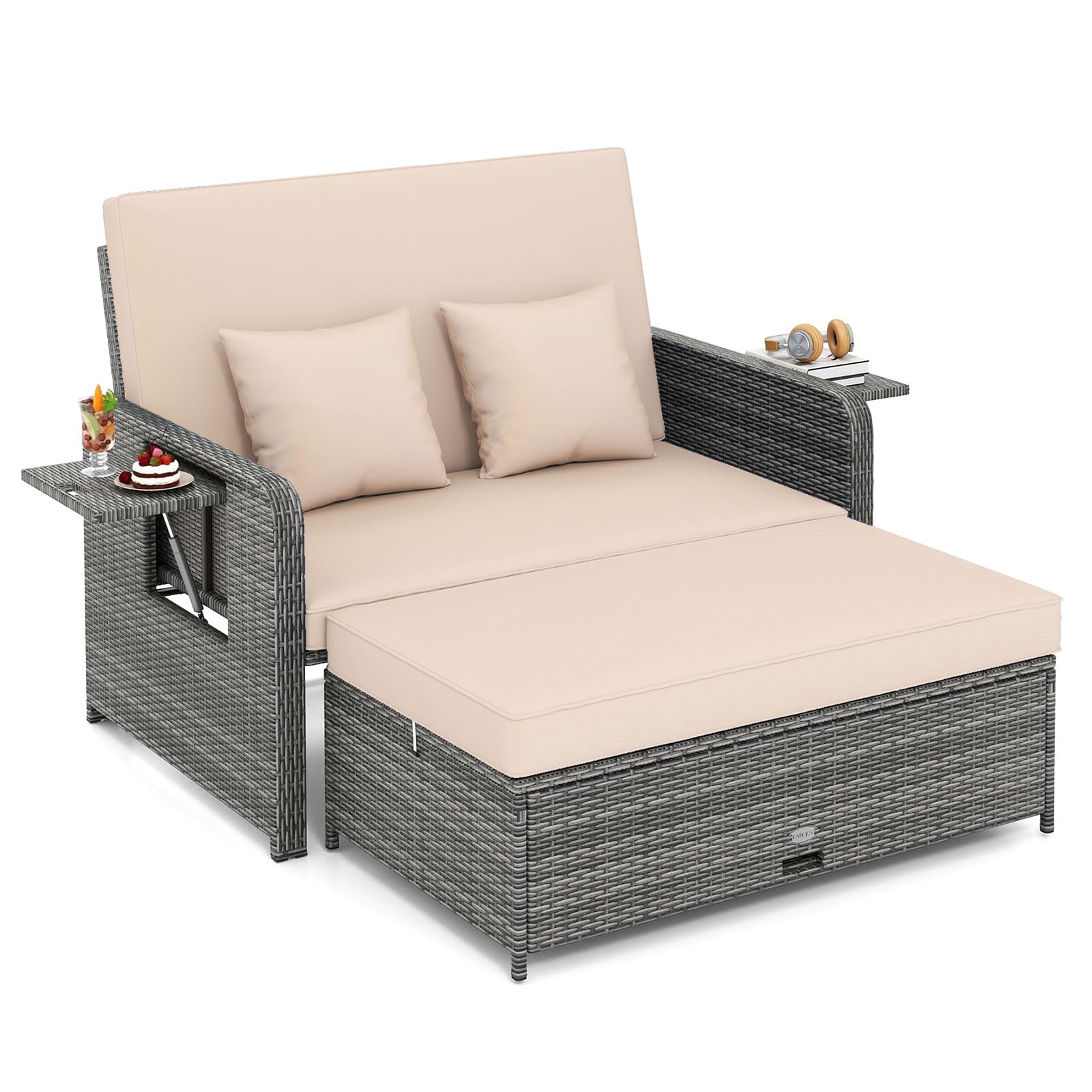 Tangkula Patio Rattan Daybed with 4-Level Adjustable Backrest, Outdoor PE Wicker Loveseat with Storage Ottoman & Folding Side Ta