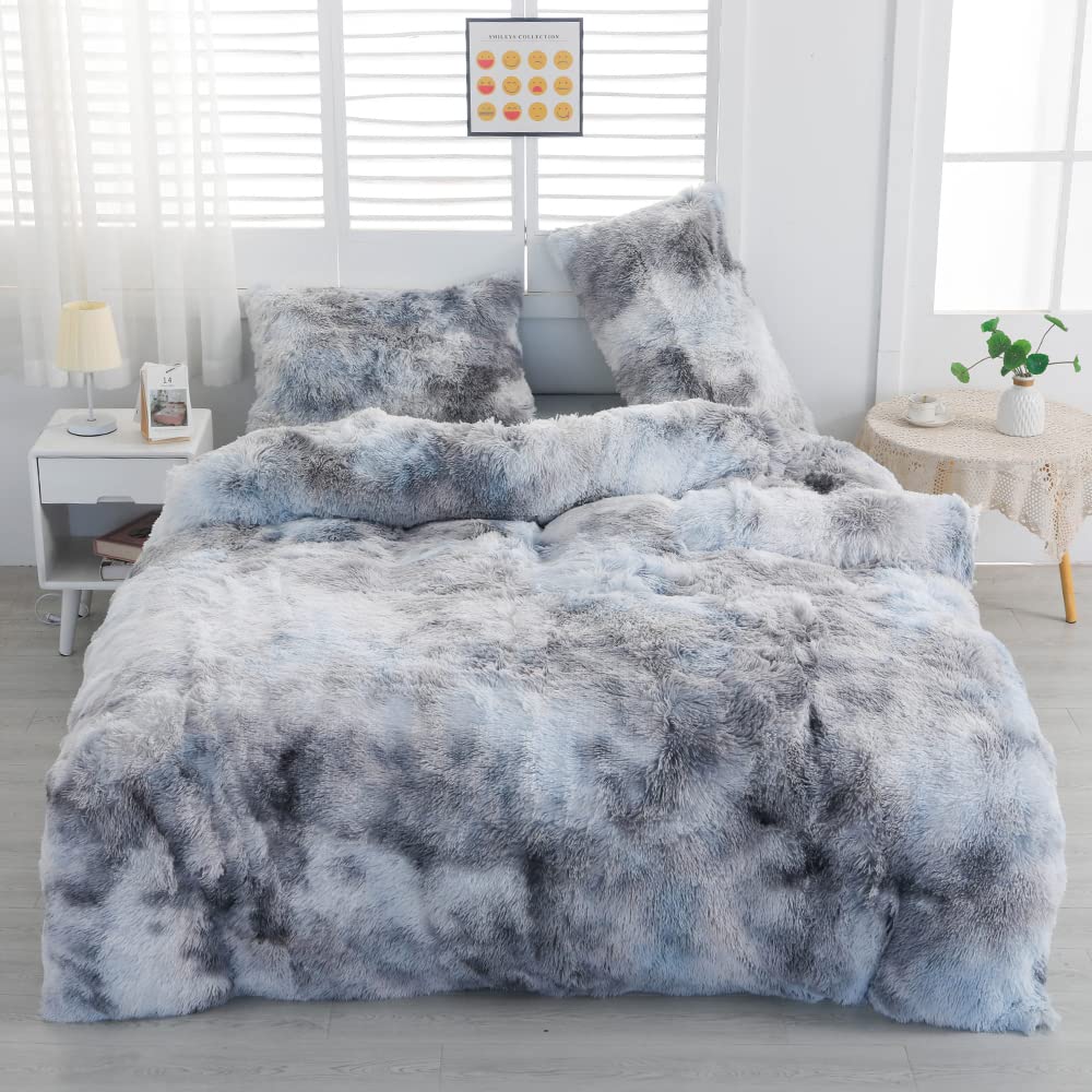 Chovy Faux Fur Tie-Dyed Black White Gray Colorful Comforter Sets Queen - 3Pc Bed Set Ultra Soft Plush Flannel Velvet Fluffy Fuzz