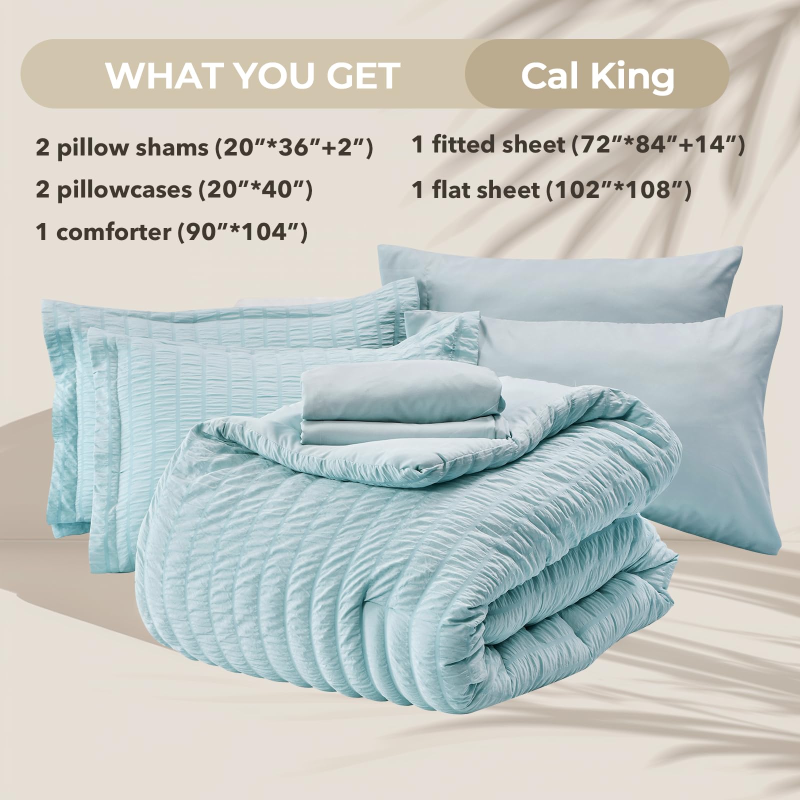 Hymokege Lake Blue California King Comforter Set Seersucker 7 Pieces, All Season Luxury Bed In A Bag For Bedroom, Bedding Set Wi