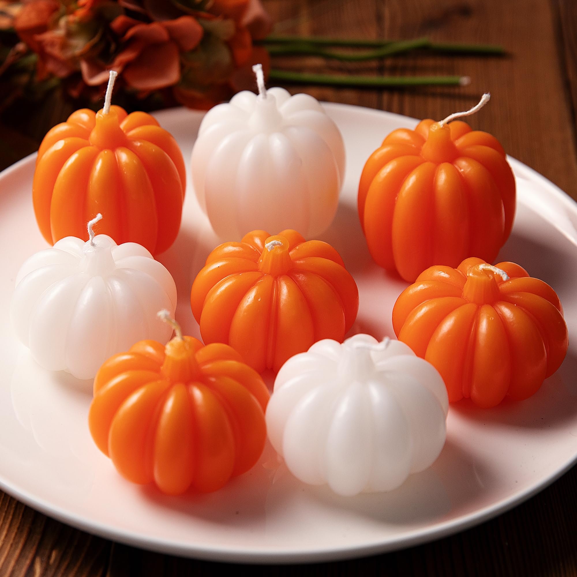 EBaokuup 8 Pcs Fall Pumpkin Shaped Candles,Thanksgiving Unscented Pumpkin Candles,White Orange Pumpkin Candles for Halloween Par