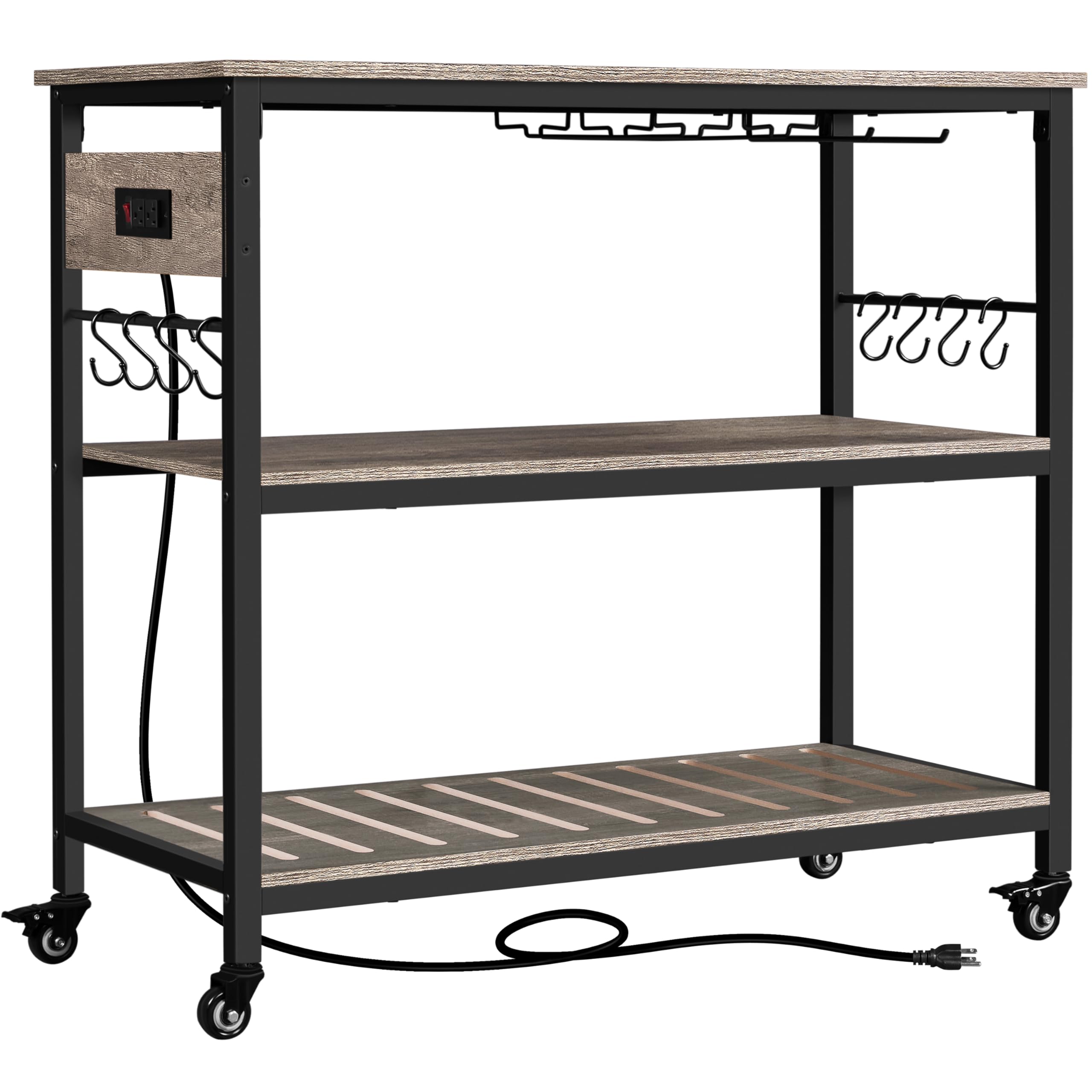 Yaheetech Kitchen Island Cart with Power Outlet, Kitchen Carts on Wheels with Storage, 3-Tier Microwave Stand with Foodpads, Gla