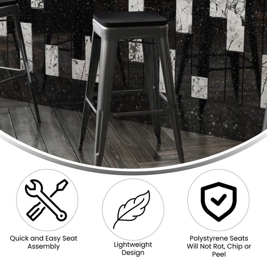 Flash Furniture Kai Commercial Grade Indoor-Outdoor Bar Height Stool - Black Metal Frame - Black Poly Resin Seat - 30" High - Backless